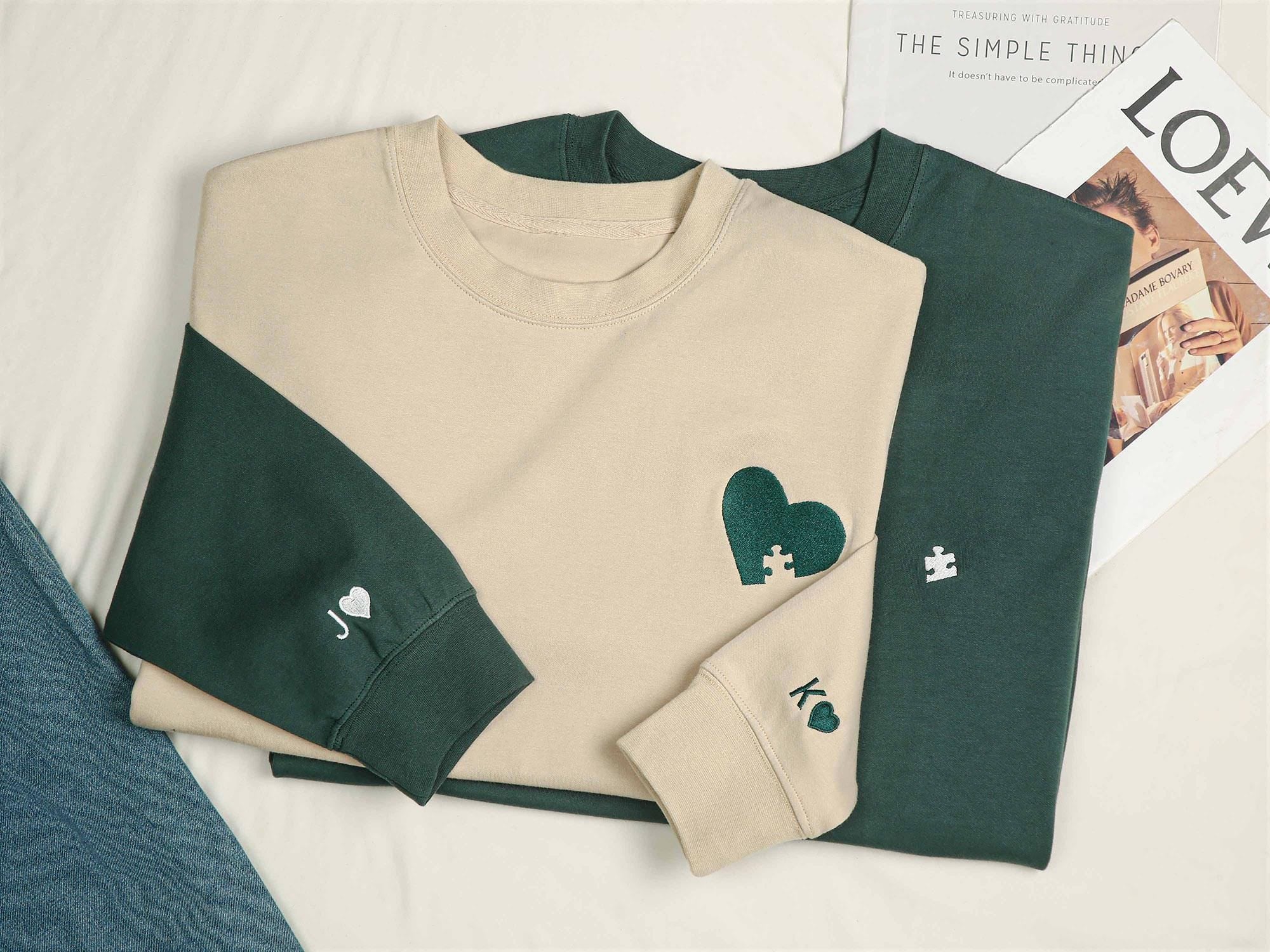 Custom Embroidered Couple Sweatshirt, Embroidered Heart and Puzzle Piece Sweatshirt, Initial With Heart On Sleeve, Anniversary Gift