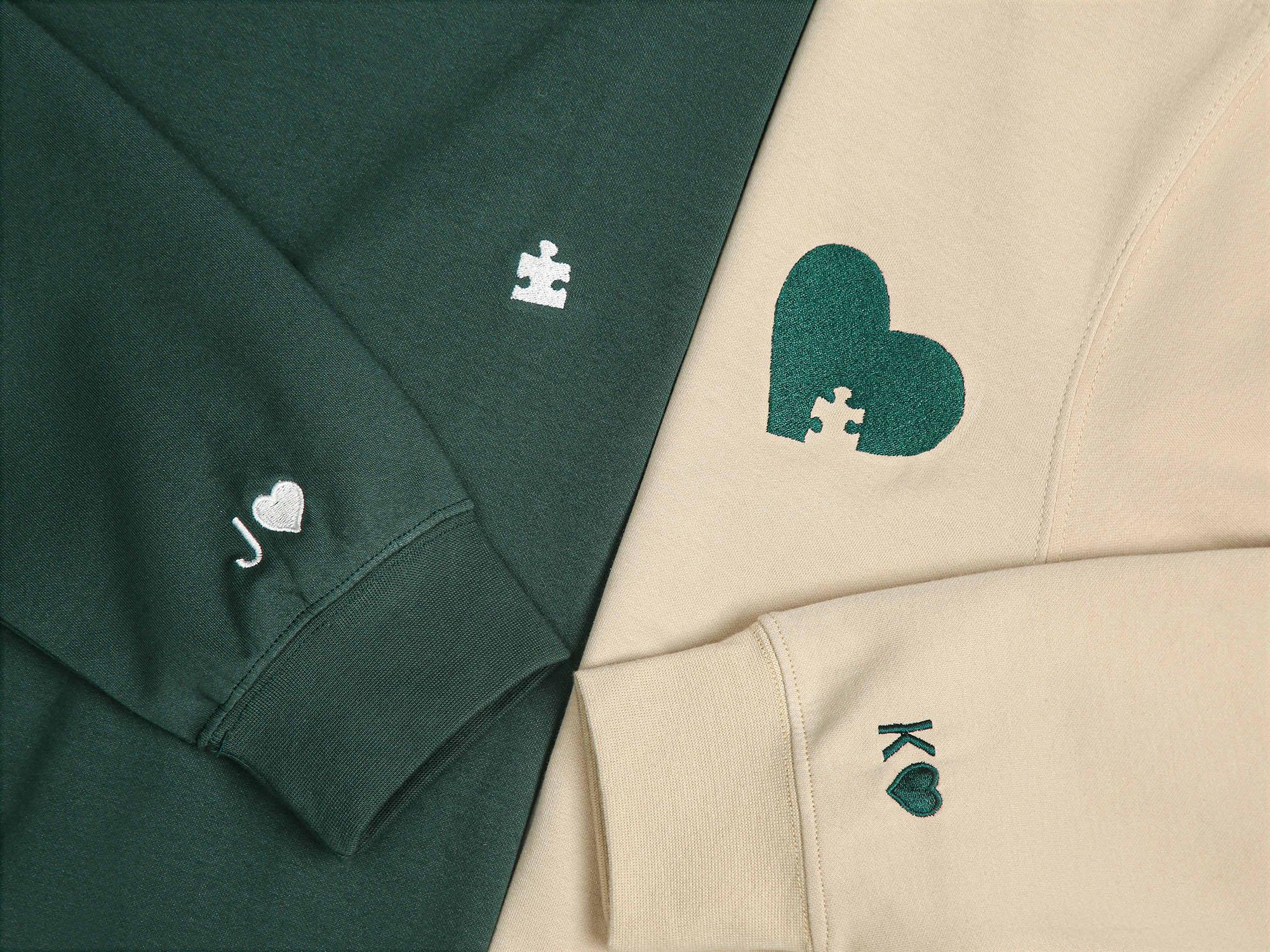Custom Embroidered Couple Sweatshirt, Embroidered Heart and Puzzle Piece Sweatshirt, Initial With Heart On Sleeve, Anniversary Gift