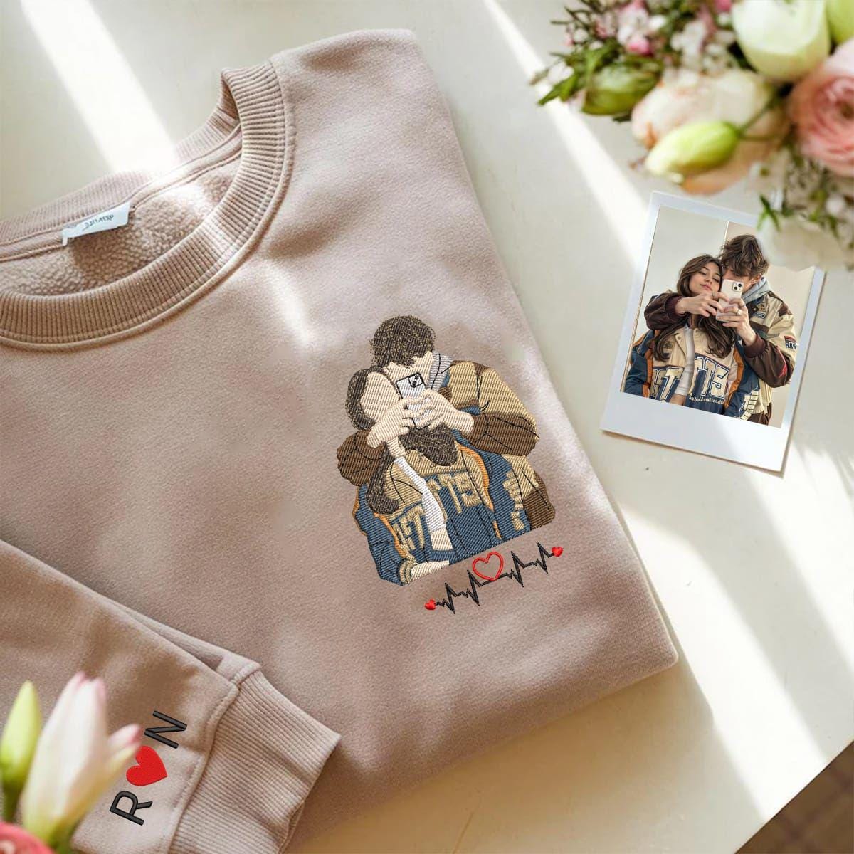 Embroidered Couple Portrait Sweatshirt, Personalized Photo T-Shirt with Initials and Heart Symbol, Embroidered Sweater Gift for Partner