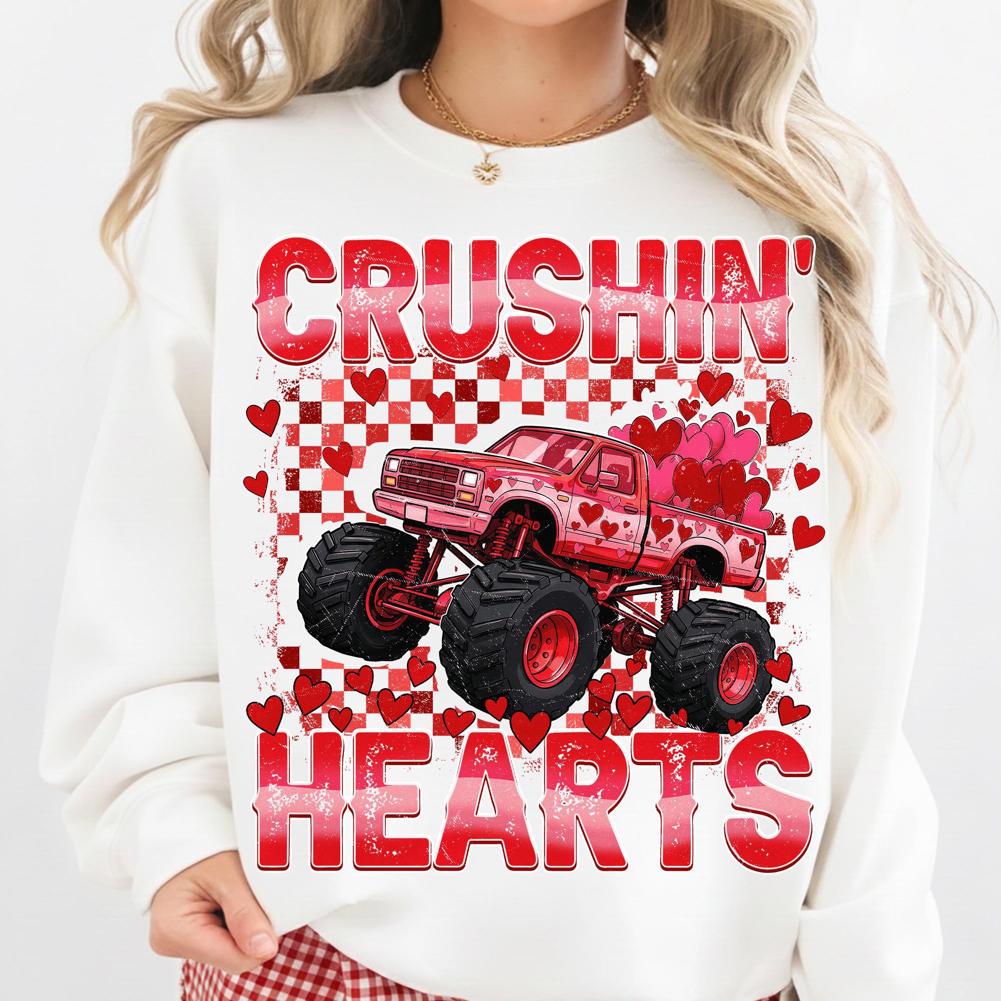 Retro Valentine Monster Truck, Checkered Crushin Hearts Toddler Shirt Design, Trendy Valentine Kids , XOXO Love VDay Png