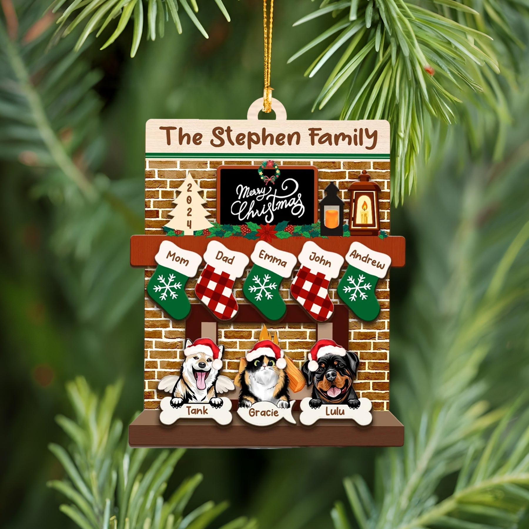 Custom Pet Family Christmas Ornaments,3D Wooden Family Ornament With Pets, Christmas Ornament, Family And Pets Family With Dog Fireplace