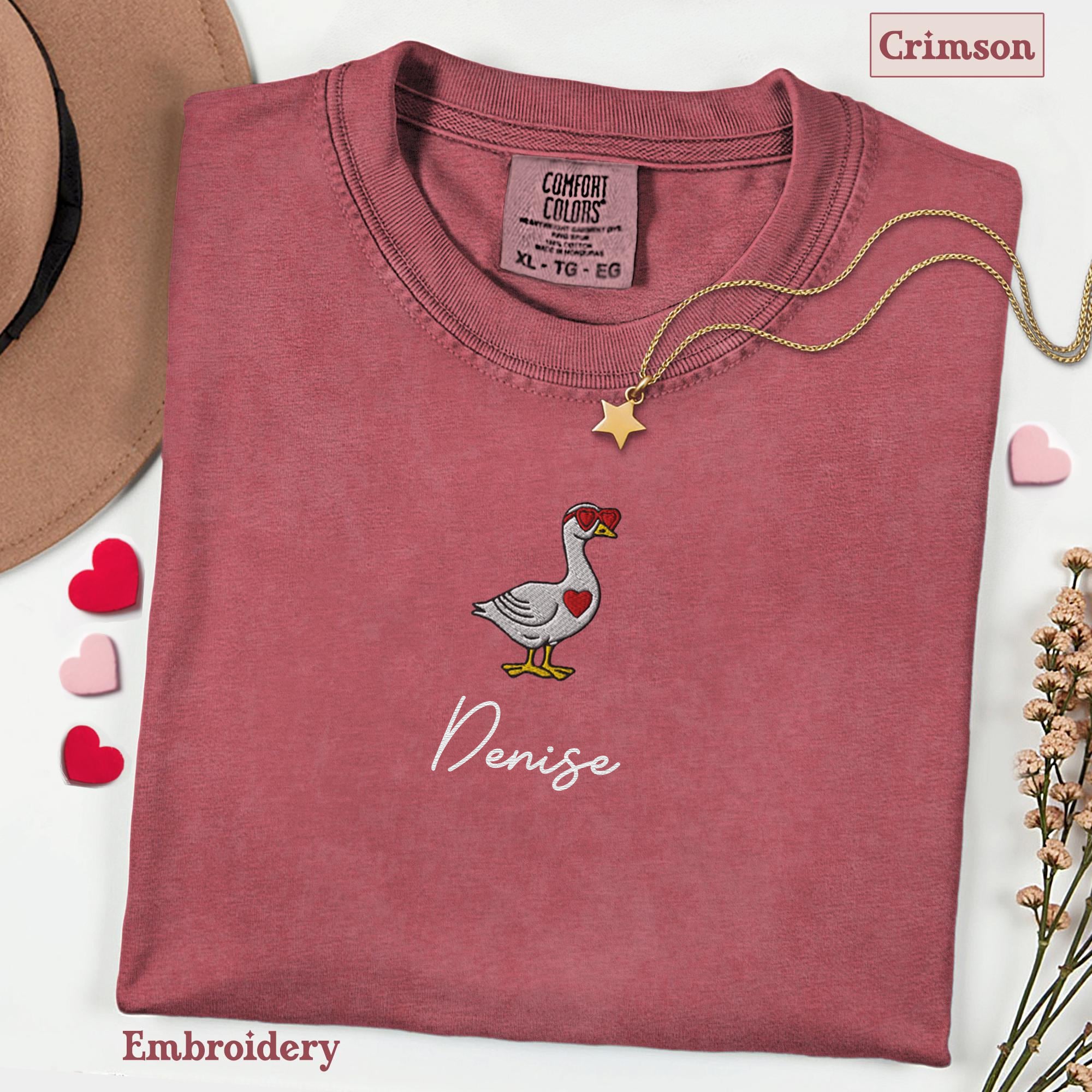 Valentine Goose Embroidery Shirt, Goose Love T-Shirt, Embroidered Comfort Colors Valentines Tee