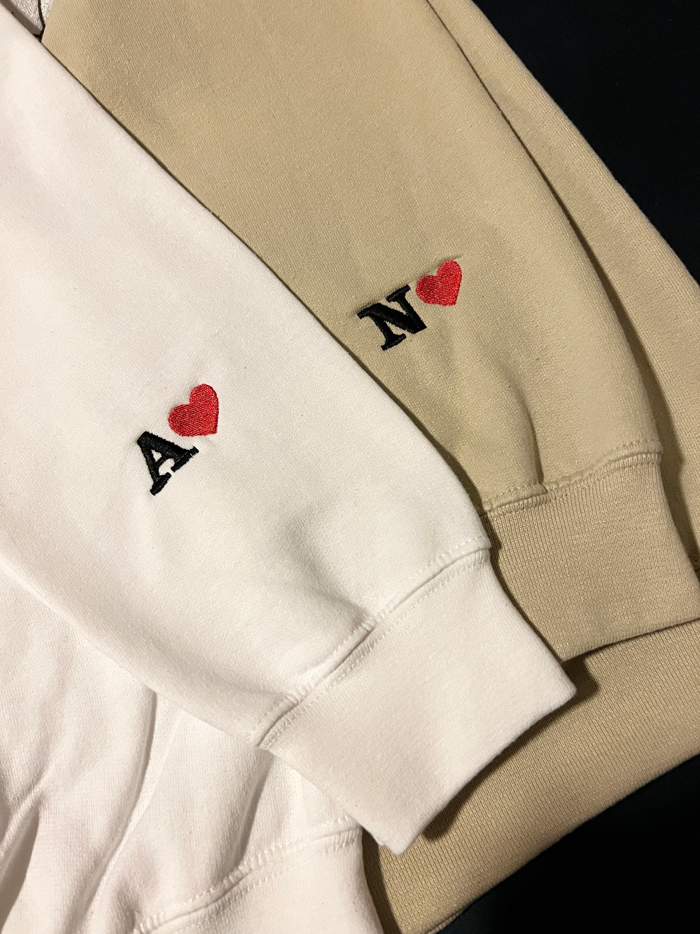 Custom Embroidered Initial Heart Sweatshirt | Personalized Couples Hoodie | Valentines Couple Initials | Matching Sleeve Initial Hoodie