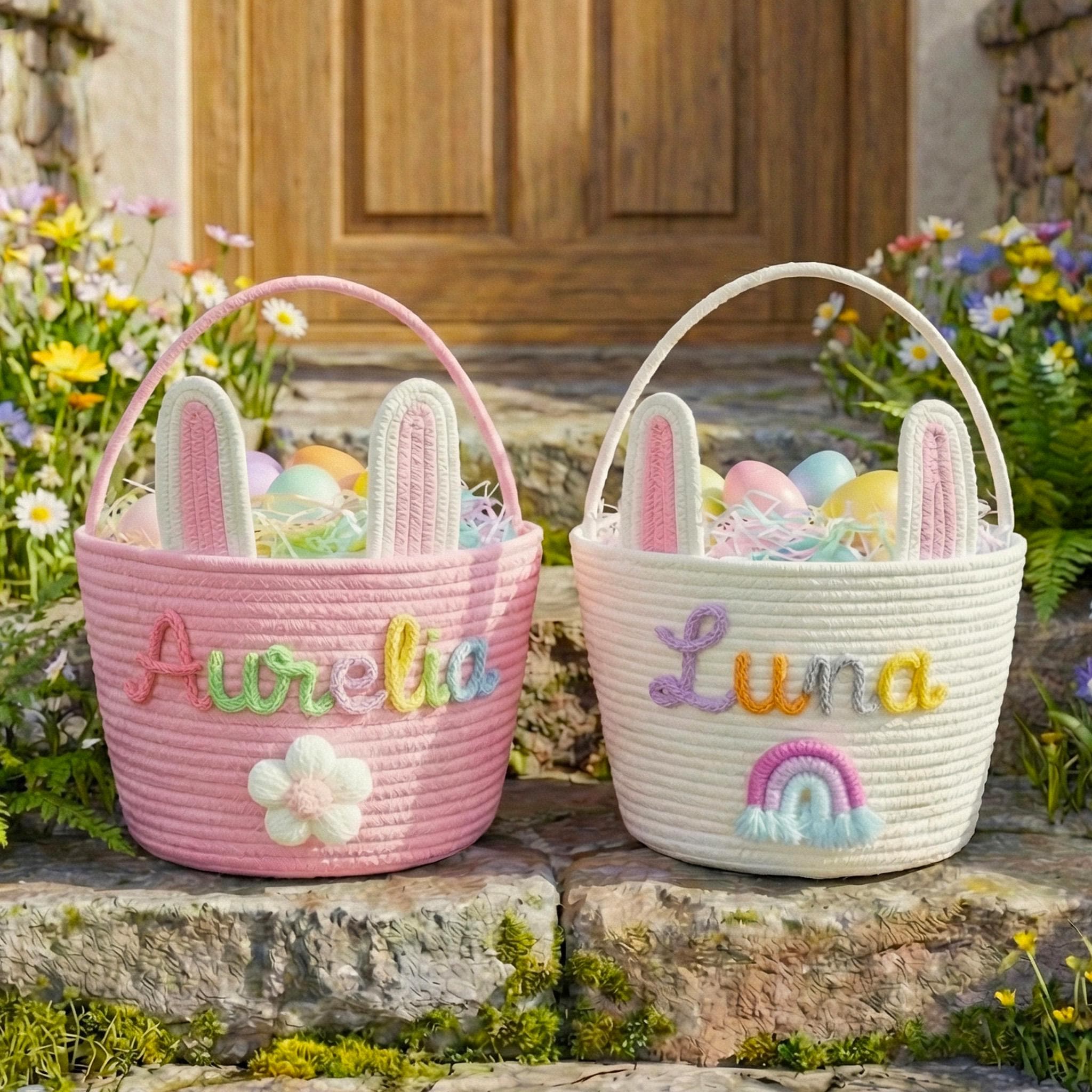 Personalized Easter Bunny Basket with Name – Cotton Rope Easter Basket for Kids, Easter Egg Hunt Gift