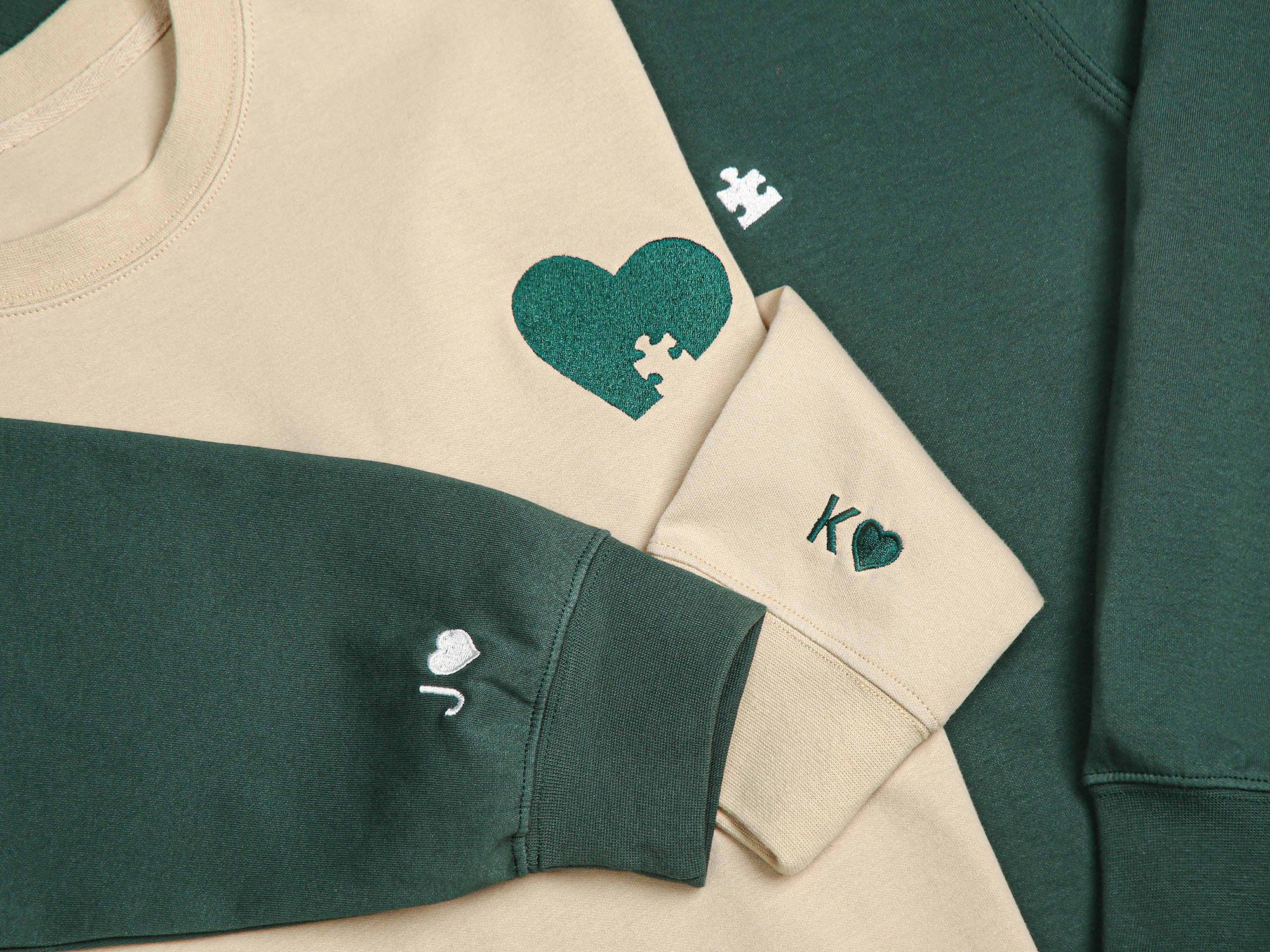 Custom Embroidered Couple Sweatshirt, Embroidered Heart and Puzzle Piece Sweatshirt, Initial With Heart On Sleeve, Anniversary Gift