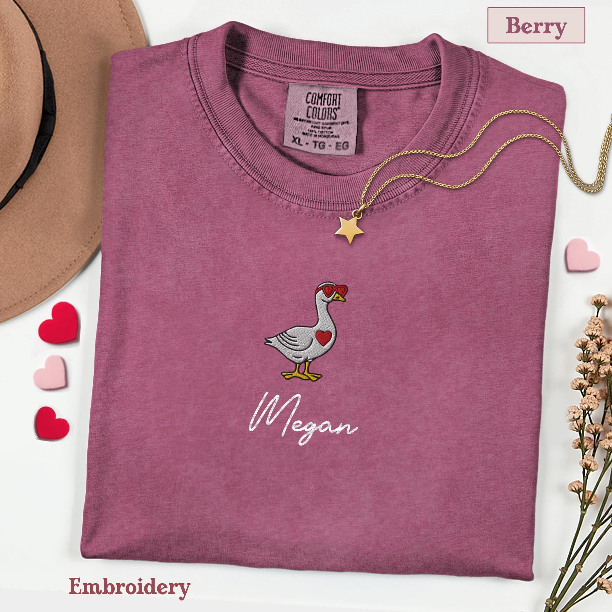 Valentine Goose Embroidery Shirt, Goose Love T-Shirt, Embroidered Comfort Colors Valentines Tee