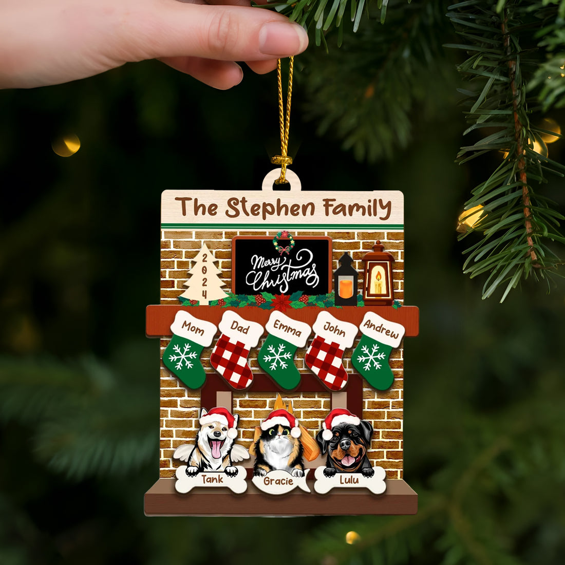 Custom Pet Family Christmas Ornaments,3D Wooden Family Ornament With Pets, Christmas Ornament, Family And Pets Family With Dog Fireplace