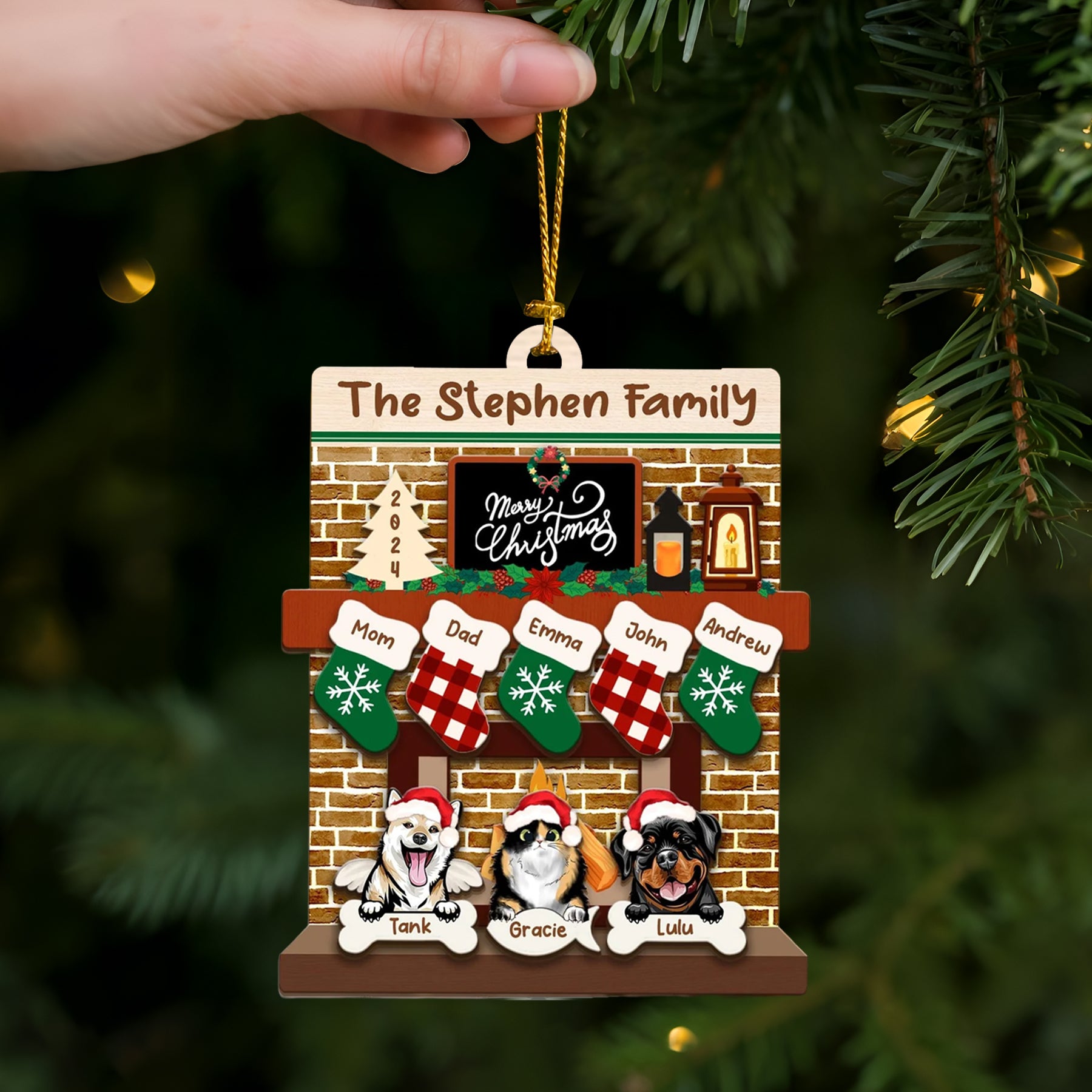 Custom Pet Family Christmas Ornaments,3D Wooden Family Ornament With Pets, Christmas Ornament, Family And Pets Family With Dog Fireplace
