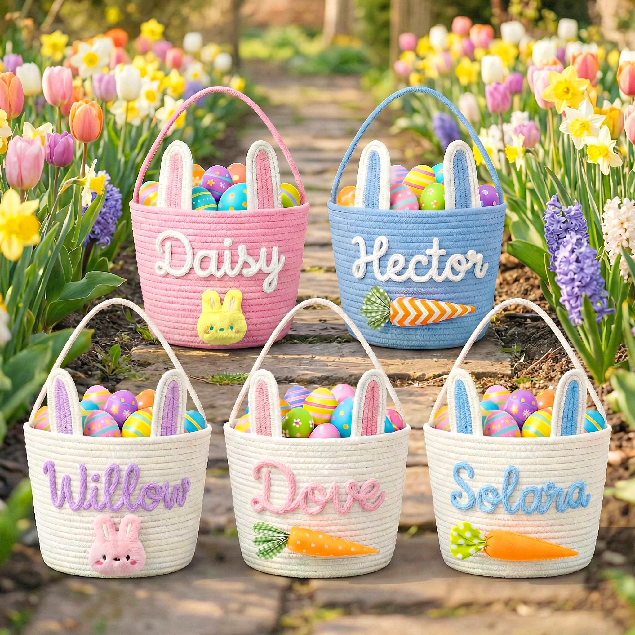 Personalized Easter Bunny Basket with Name – Cotton Rope Easter Basket for Kids, Easter Egg Hunt Gift