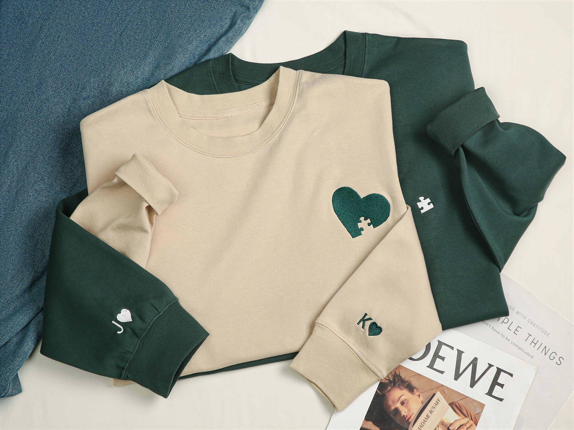 Custom Embroidered Couple Sweatshirt, Embroidered Heart and Puzzle Piece Sweatshirt, Initial With Heart On Sleeve, Anniversary Gift