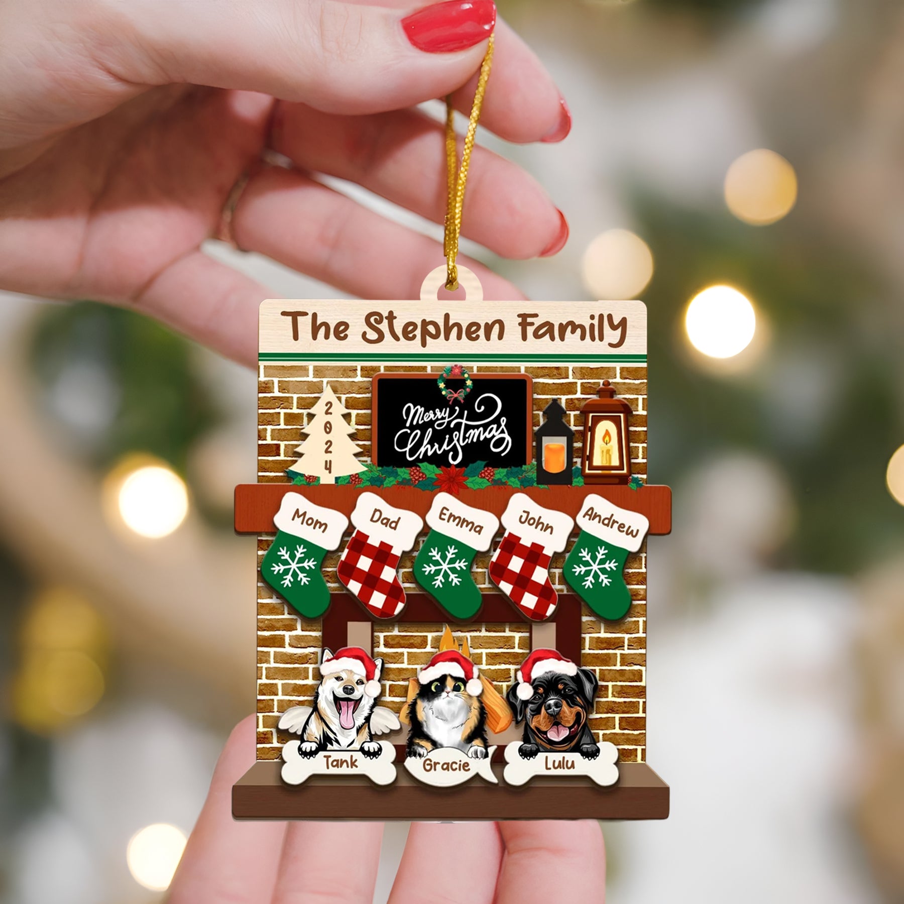 Custom Pet Family Christmas Ornaments,3D Wooden Family Ornament With Pets, Christmas Ornament, Family And Pets Family With Dog Fireplace