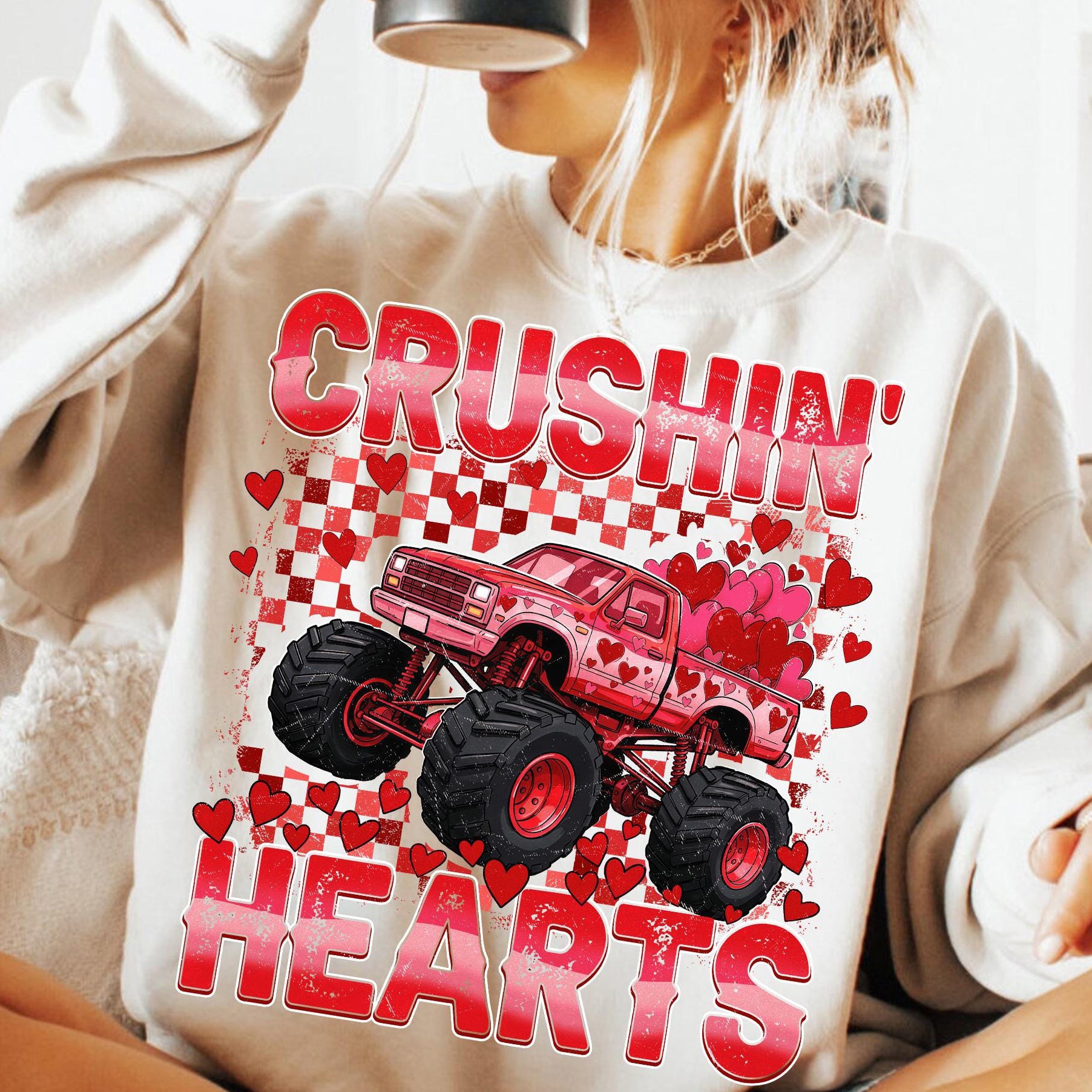 Retro Valentine Monster Truck, Checkered Crushin Hearts Toddler Shirt Design, Trendy Valentine Kids , XOXO Love VDay Png