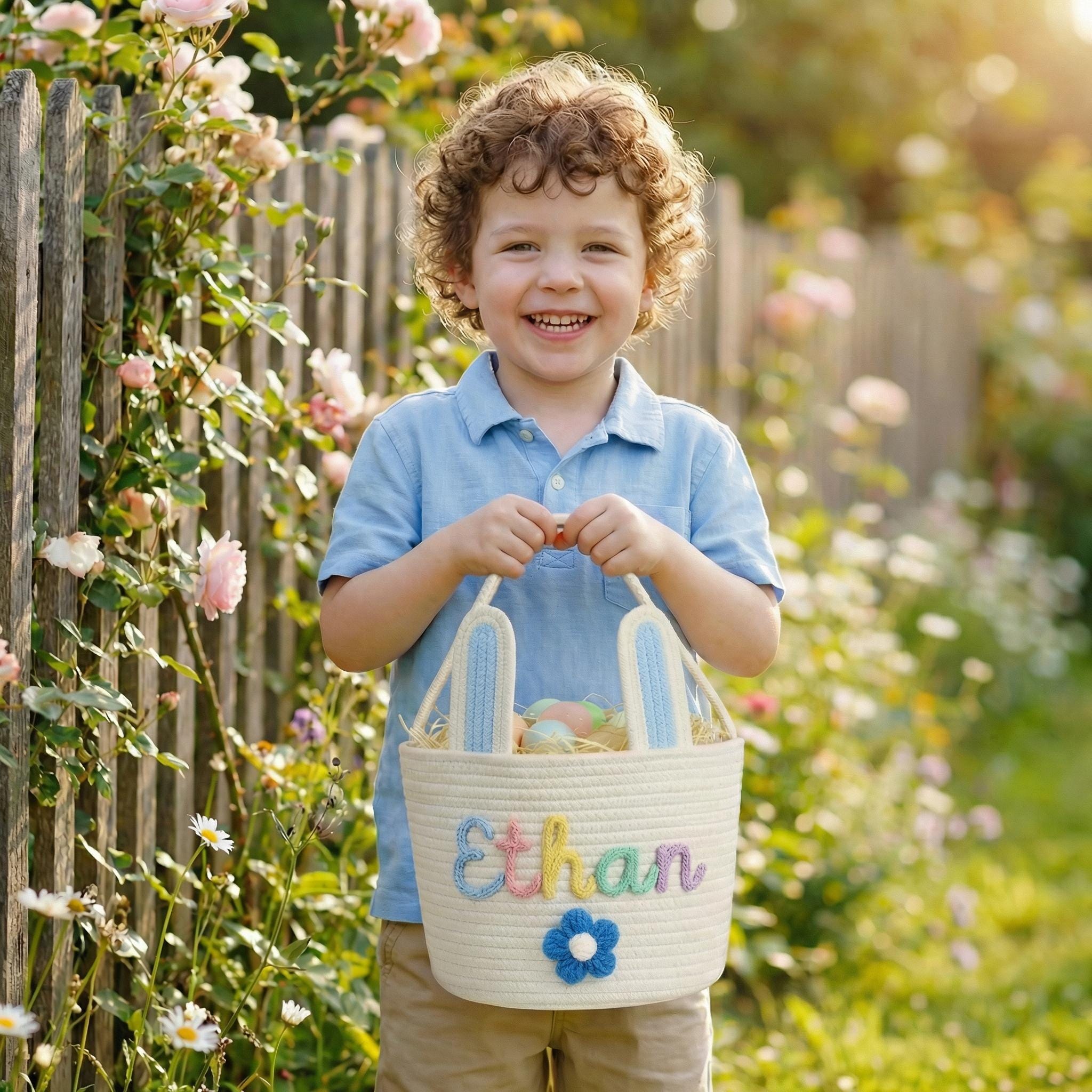 Personalized Easter Bunny Basket with Name – Cotton Rope Easter Basket for Kids, Easter Egg Hunt Gift