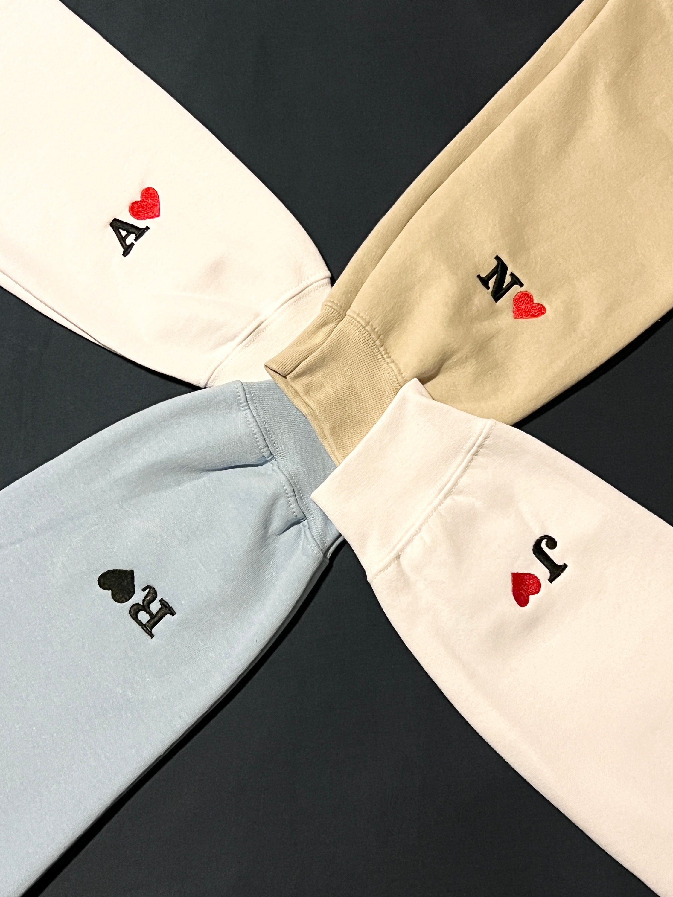Custom Embroidered Initial Heart Sweatshirt | Personalized Couples Hoodie | Valentines Couple Initials | Matching Sleeve Initial Hoodie