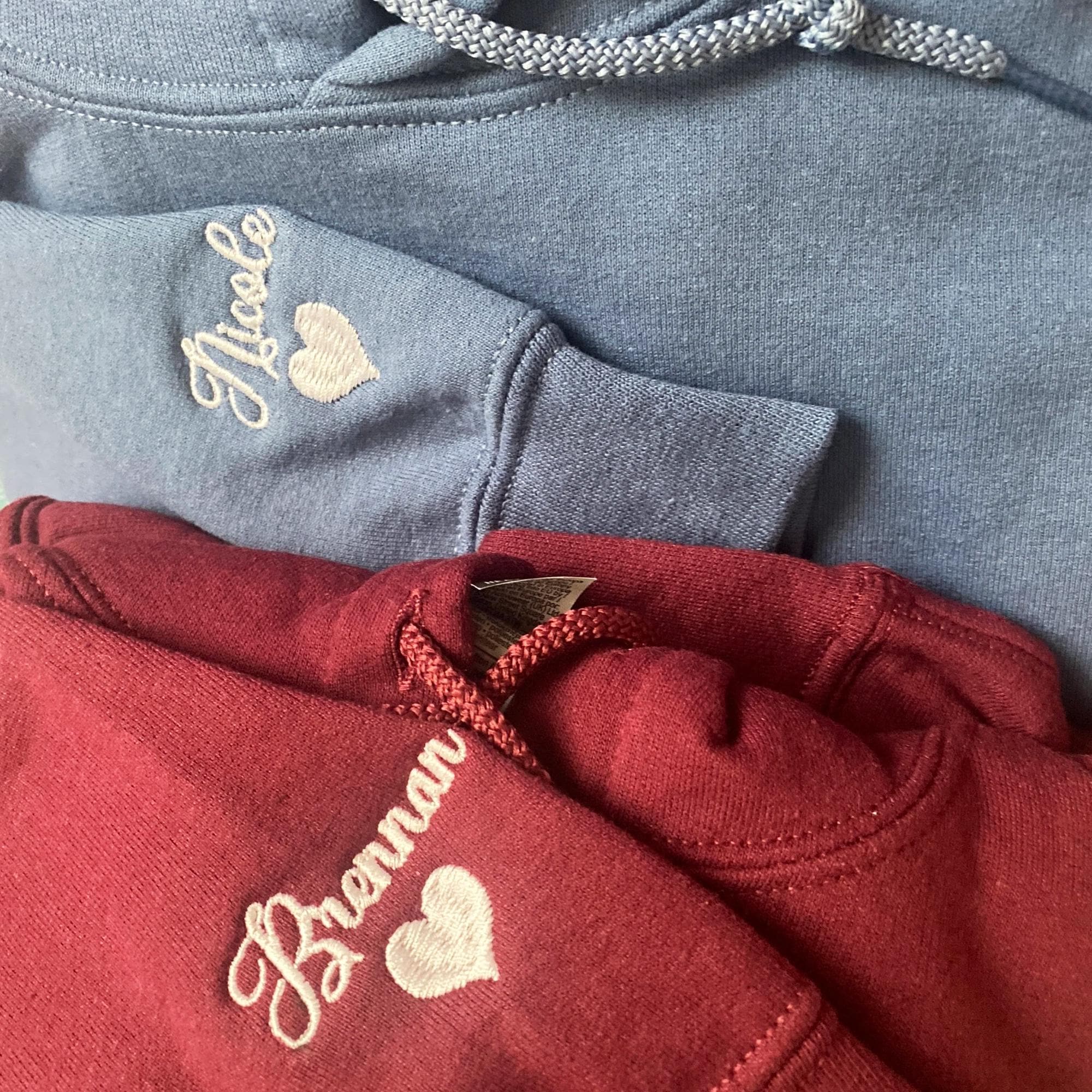 Custom Embroidered Initial Heart Hoodie On Sleeve, Personalized Initials Embroidery Sweatshirts, Matching Couples Outfit, Anniversary Gifts