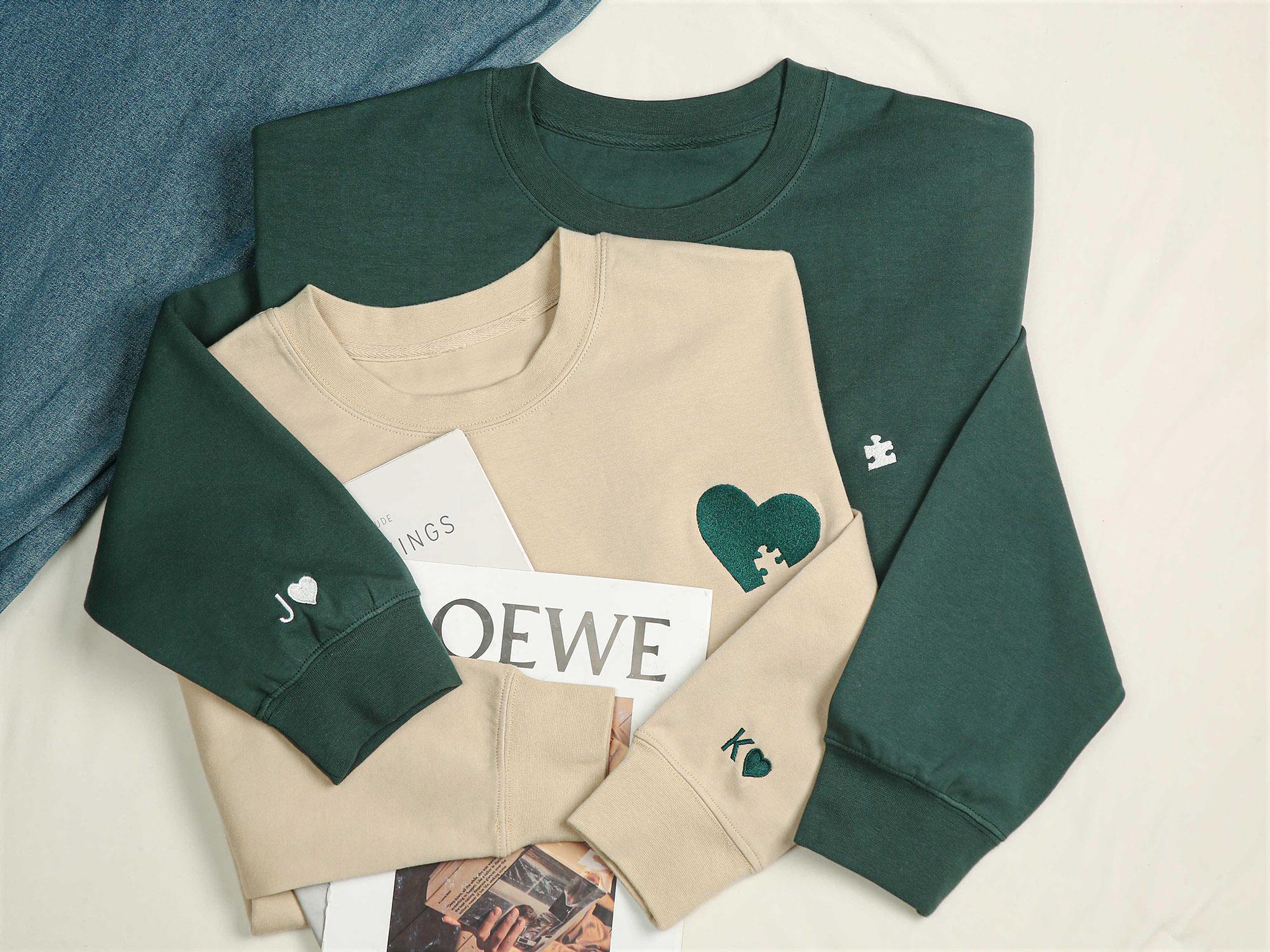 Custom Embroidered Couple Sweatshirt, Embroidered Heart and Puzzle Piece Sweatshirt, Initial With Heart On Sleeve, Anniversary Gift