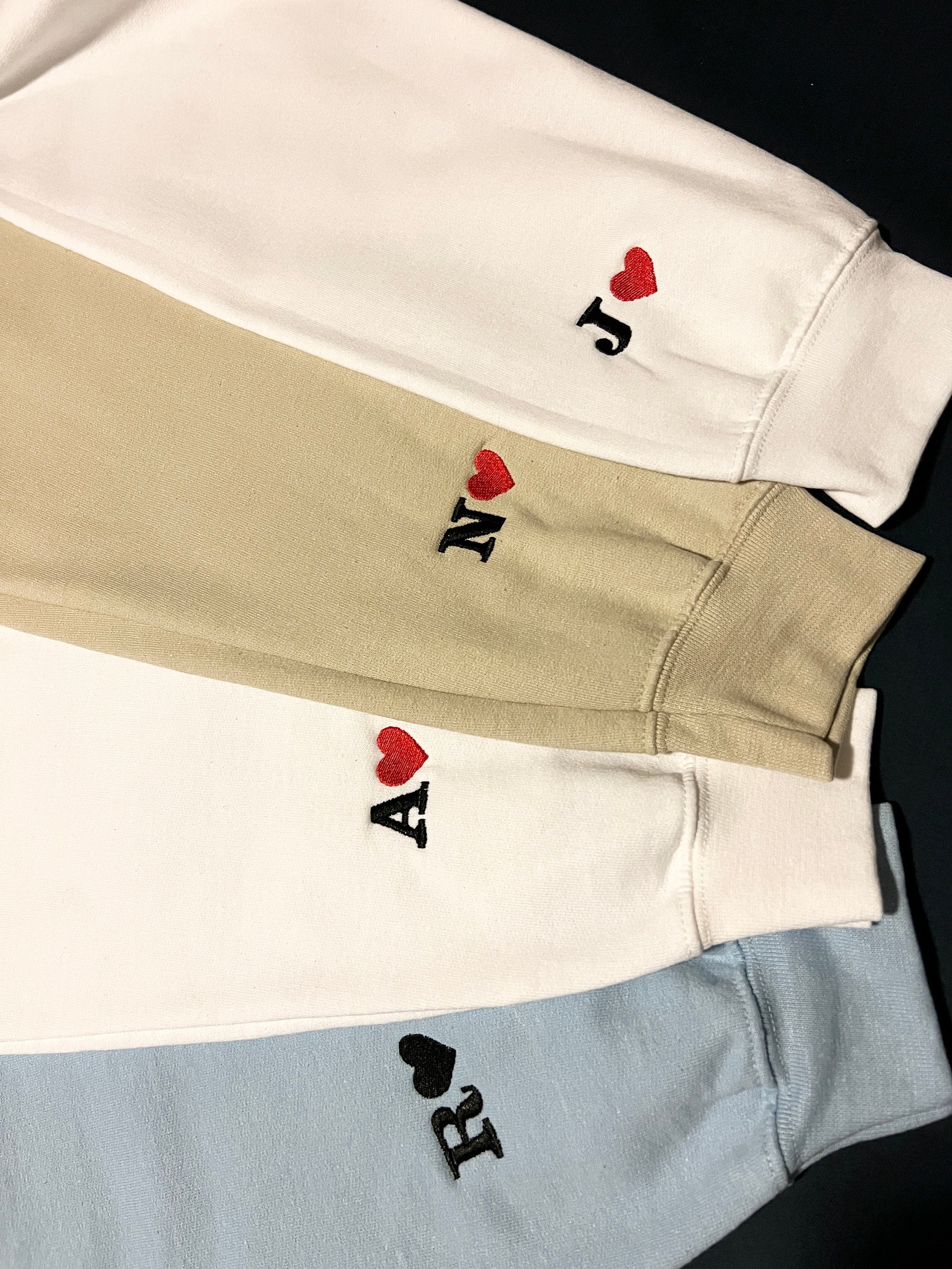 Custom Embroidered Initial Heart Sweatshirt | Personalized Couples Hoodie | Valentines Couple Initials | Matching Sleeve Initial Hoodie