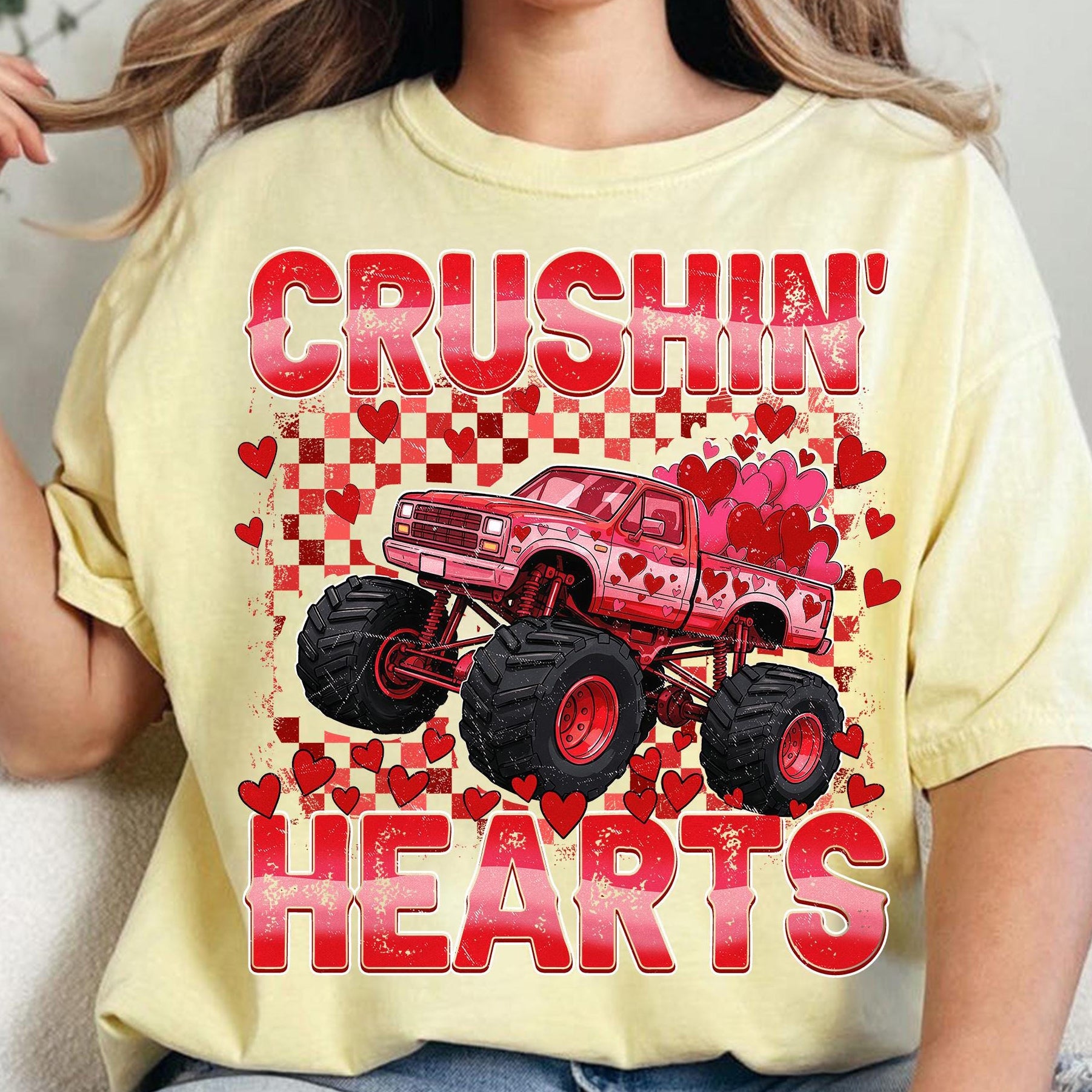 Retro Valentine Monster Truck, Checkered Crushin Hearts Toddler Shirt Design, Trendy Valentine Kids , XOXO Love VDay Png