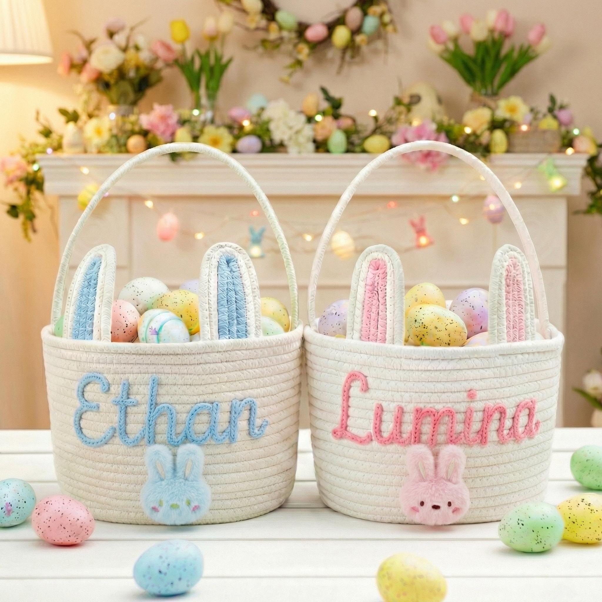 Personalized Easter Bunny Basket with Name – Cotton Rope Easter Basket for Kids, Easter Egg Hunt Gift