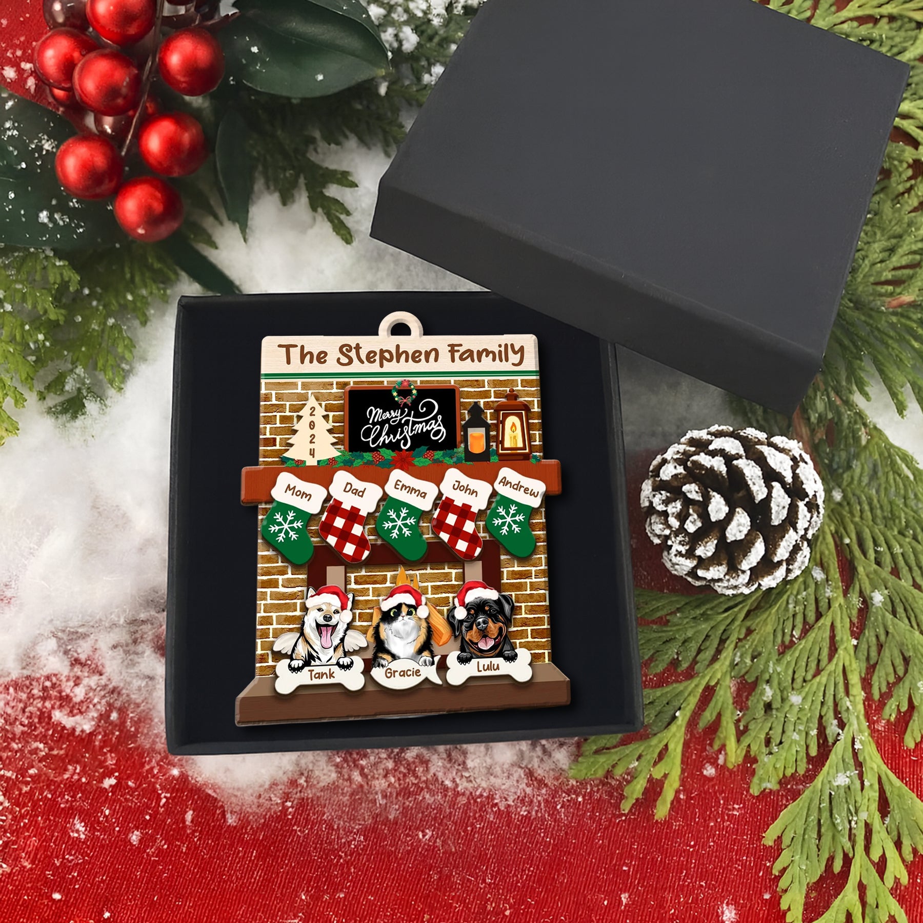 Custom Pet Family Christmas Ornaments,3D Wooden Family Ornament With Pets, Christmas Ornament, Family And Pets Family With Dog Fireplace