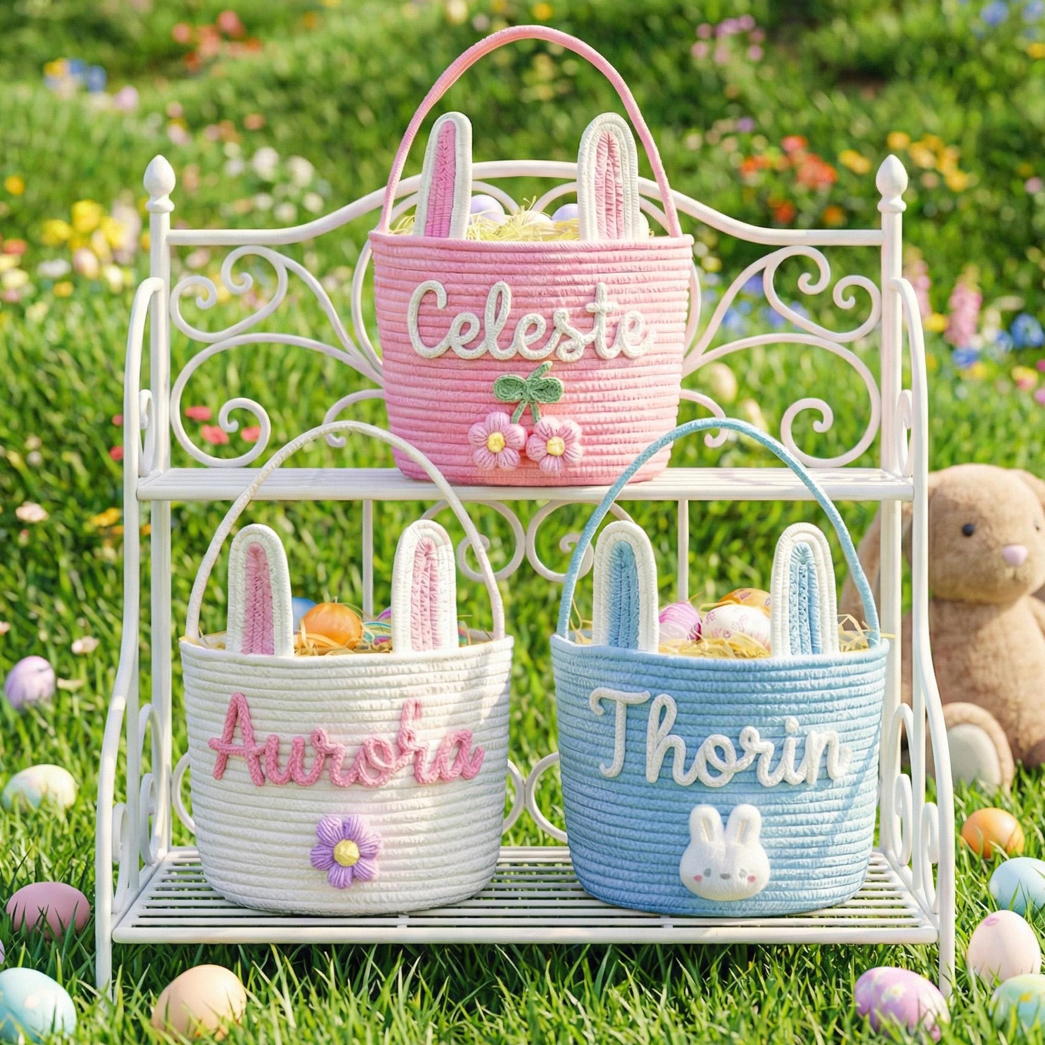 Personalized Easter Bunny Basket with Name – Cotton Rope Easter Basket for Kids, Easter Egg Hunt Gift