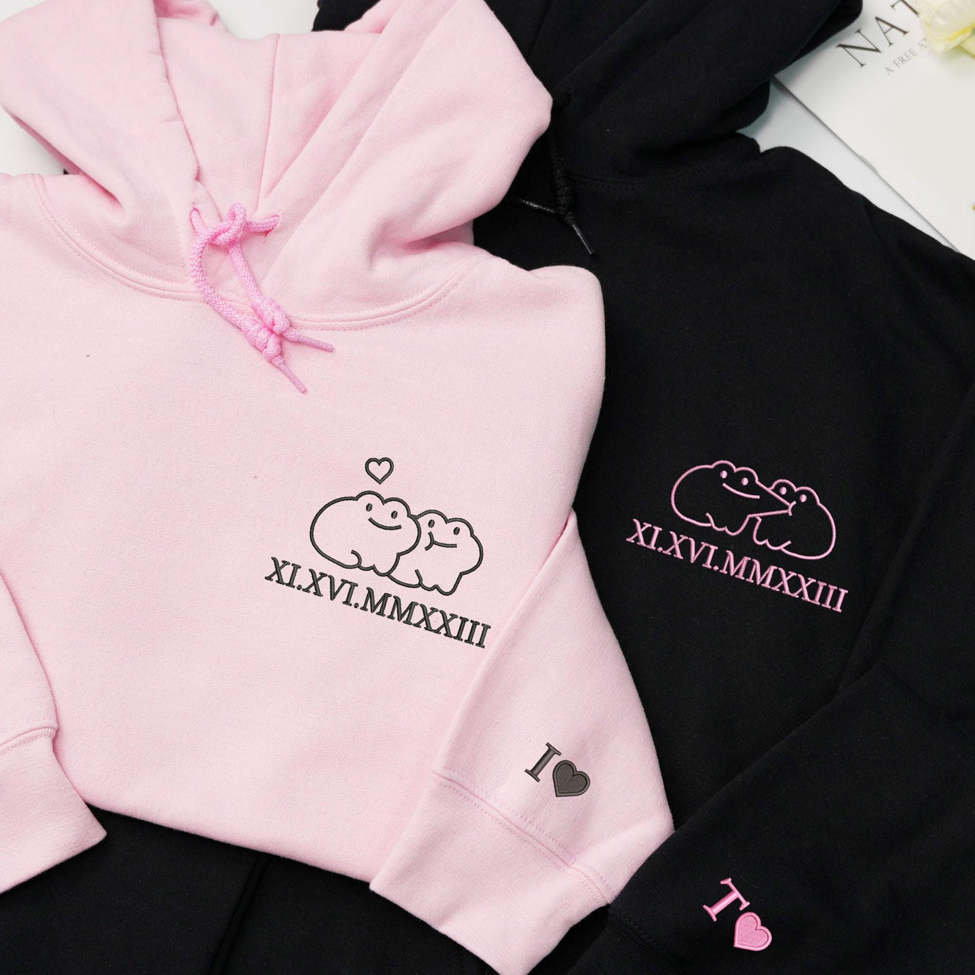 Custom Frog Couple Embroidered Hoodie with Roman Date & Initials - Matching Hoodies For Couple - 1st Anniversary Gift for Couples