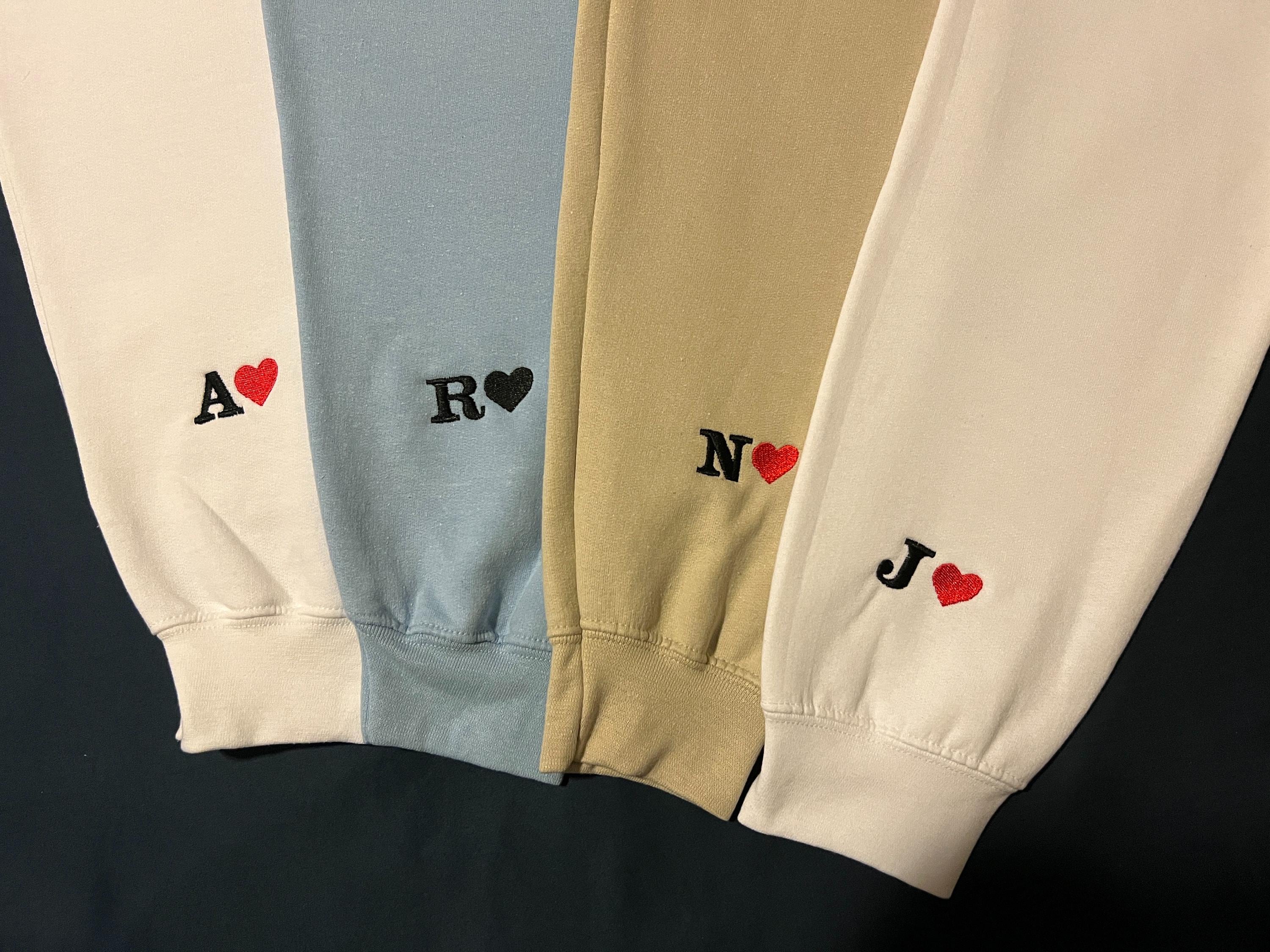 Custom Embroidered Initial Heart Sweatshirt | Personalized Couples Hoodie | Valentines Couple Initials | Matching Sleeve Initial Hoodie