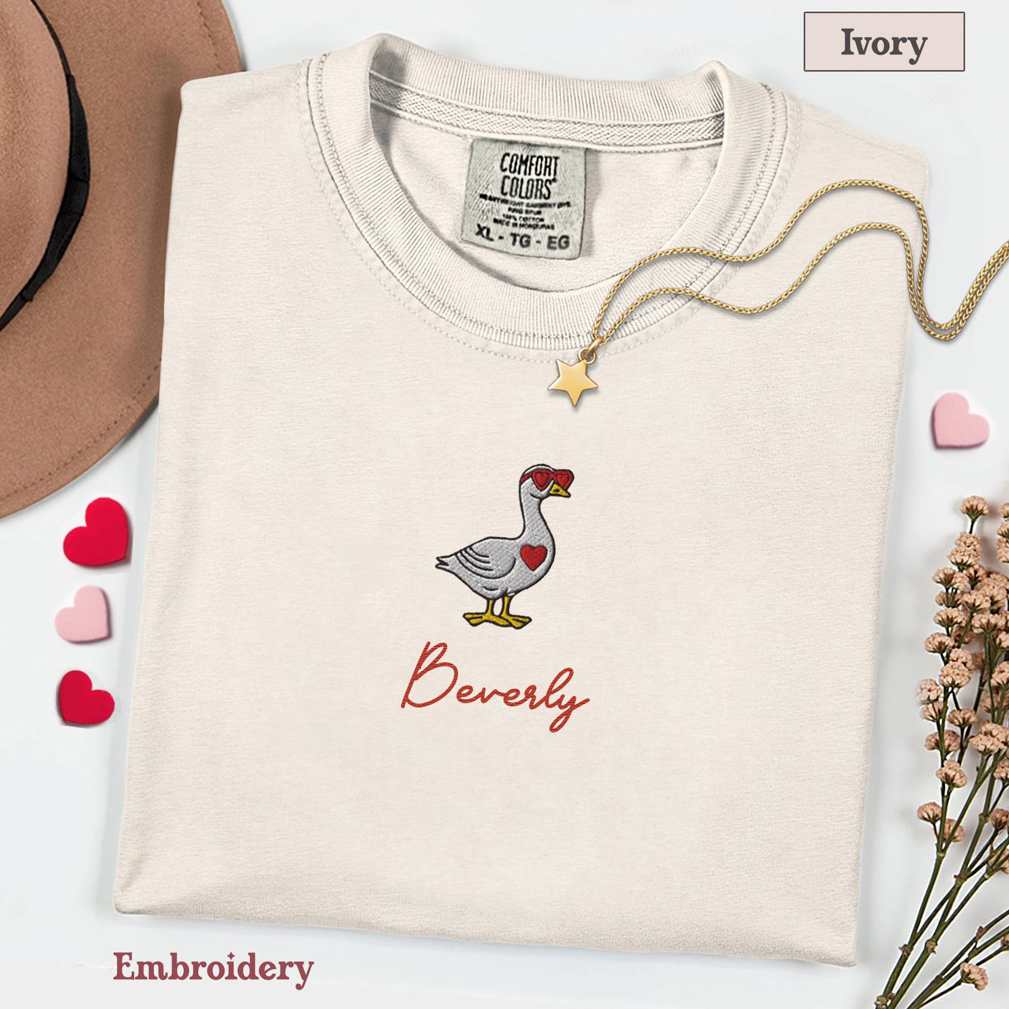 Valentine Goose Embroidery Shirt, Goose Love T-Shirt, Embroidered Comfort Colors Valentines Tee