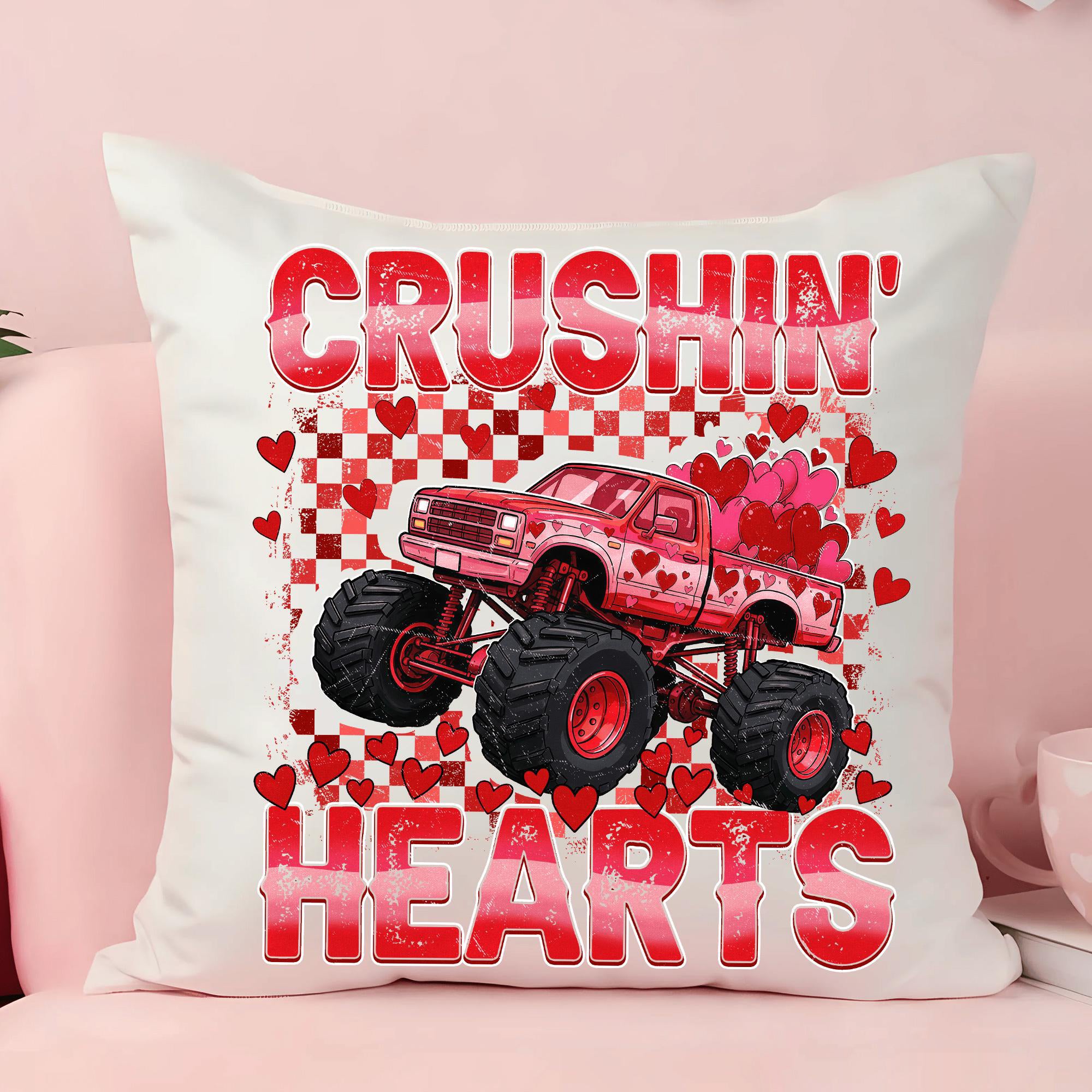Retro Valentine Monster Truck, Checkered Crushin Hearts Toddler Shirt Design, Trendy Valentine Kids , XOXO Love VDay Png