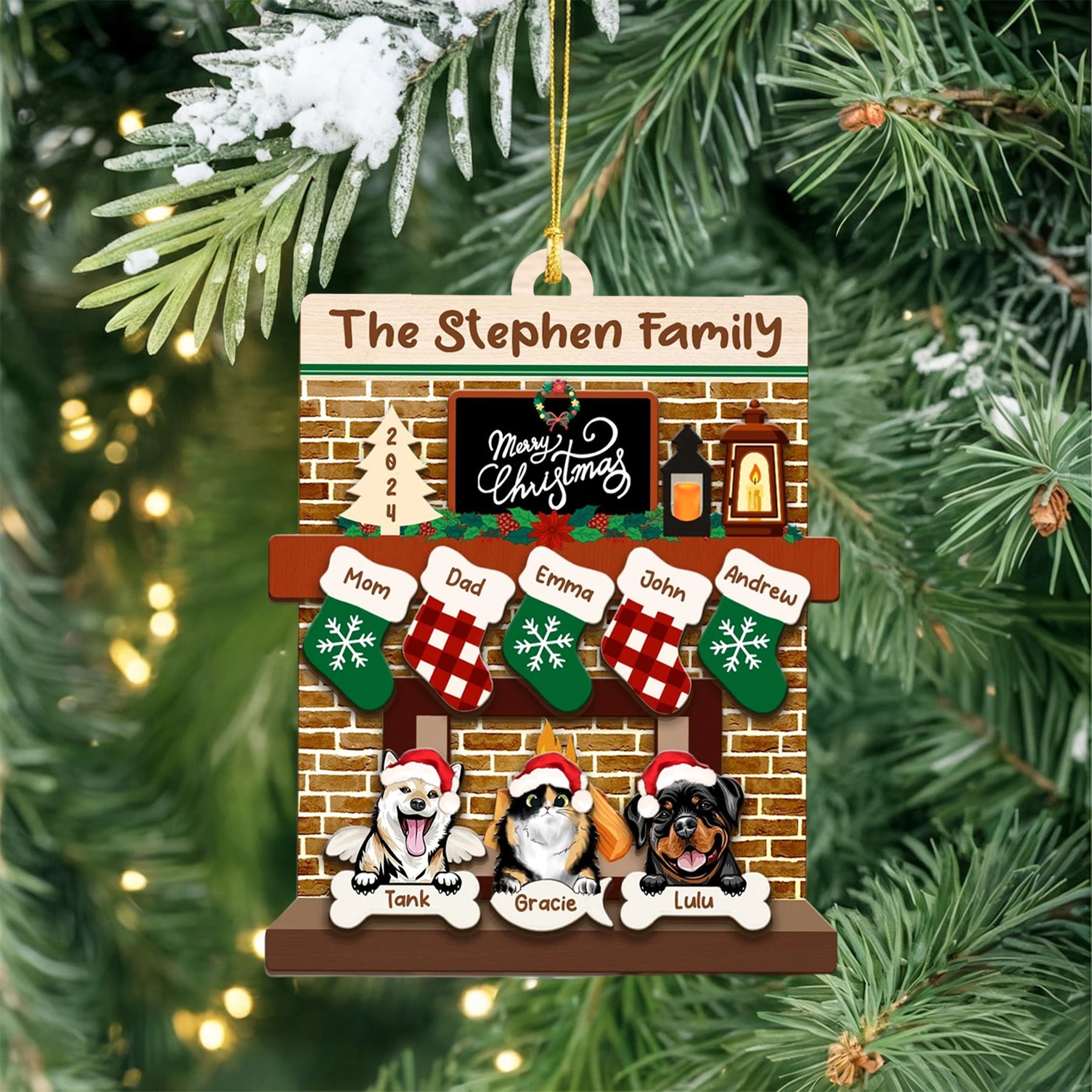 Custom Pet Family Christmas Ornaments,3D Wooden Family Ornament With Pets, Christmas Ornament, Family And Pets Family With Dog Fireplace