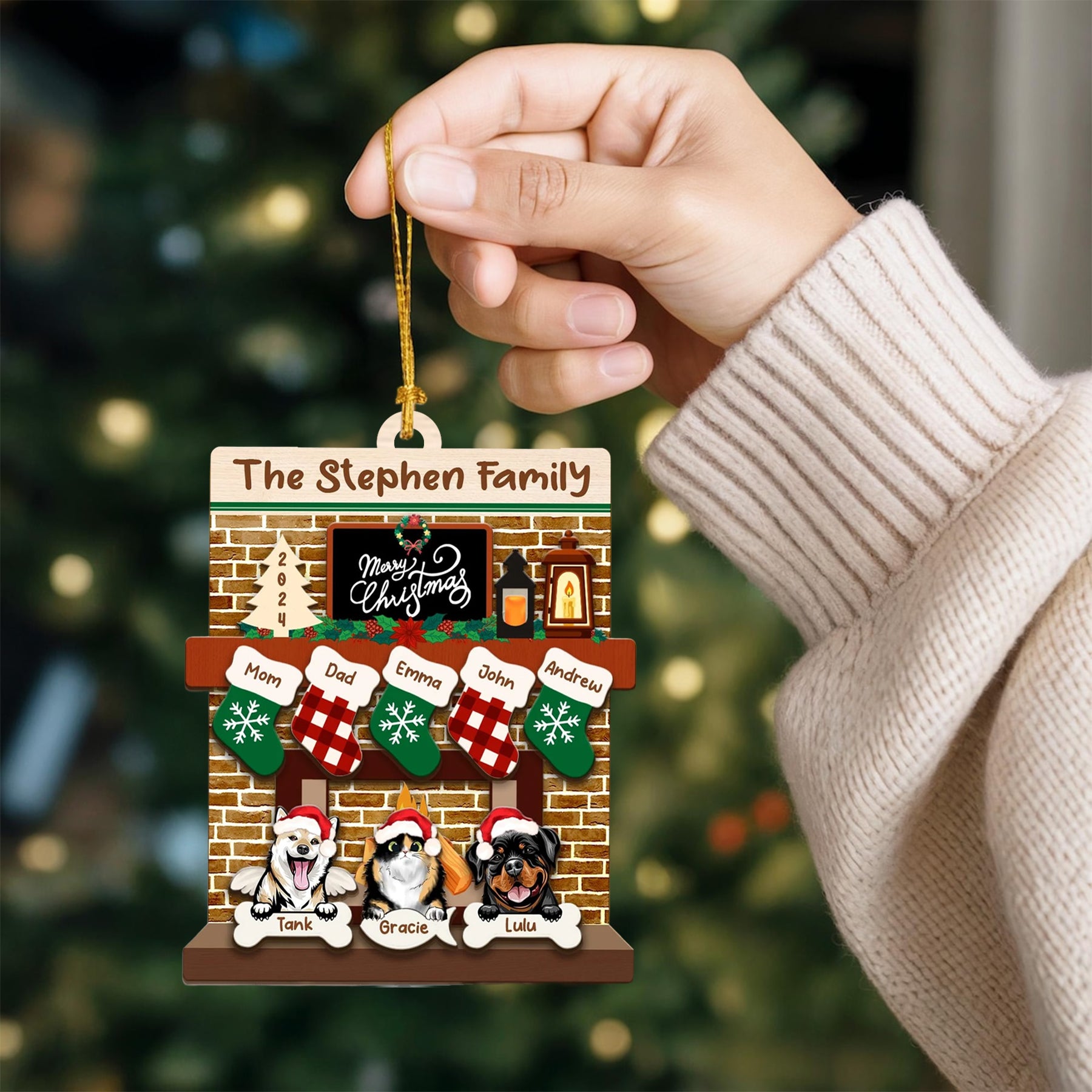 Custom Pet Family Christmas Ornaments,3D Wooden Family Ornament With Pets, Christmas Ornament, Family And Pets Family With Dog Fireplace