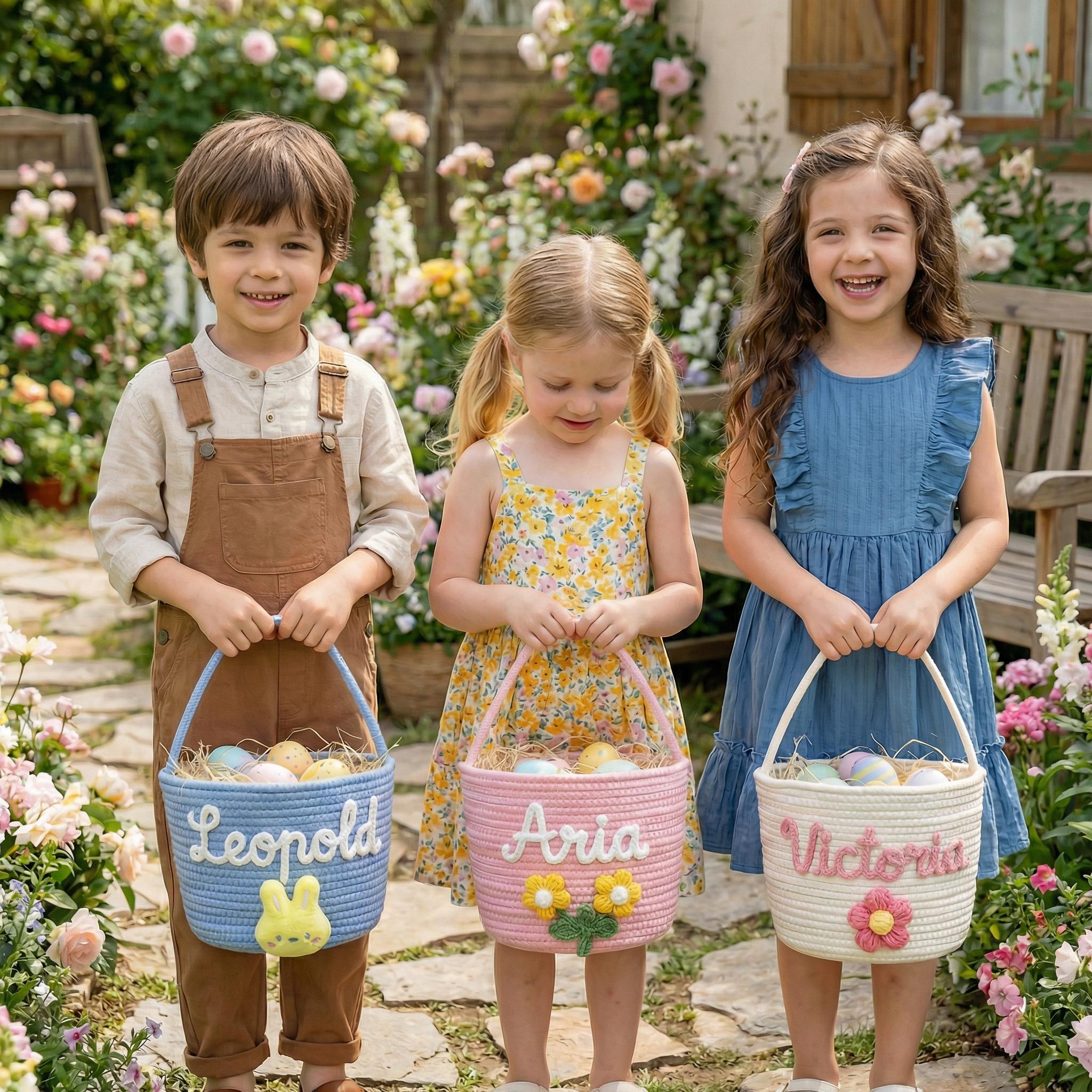 Personalized Easter Bunny Basket with Name – Cotton Rope Easter Basket for Kids, Easter Egg Hunt Gift