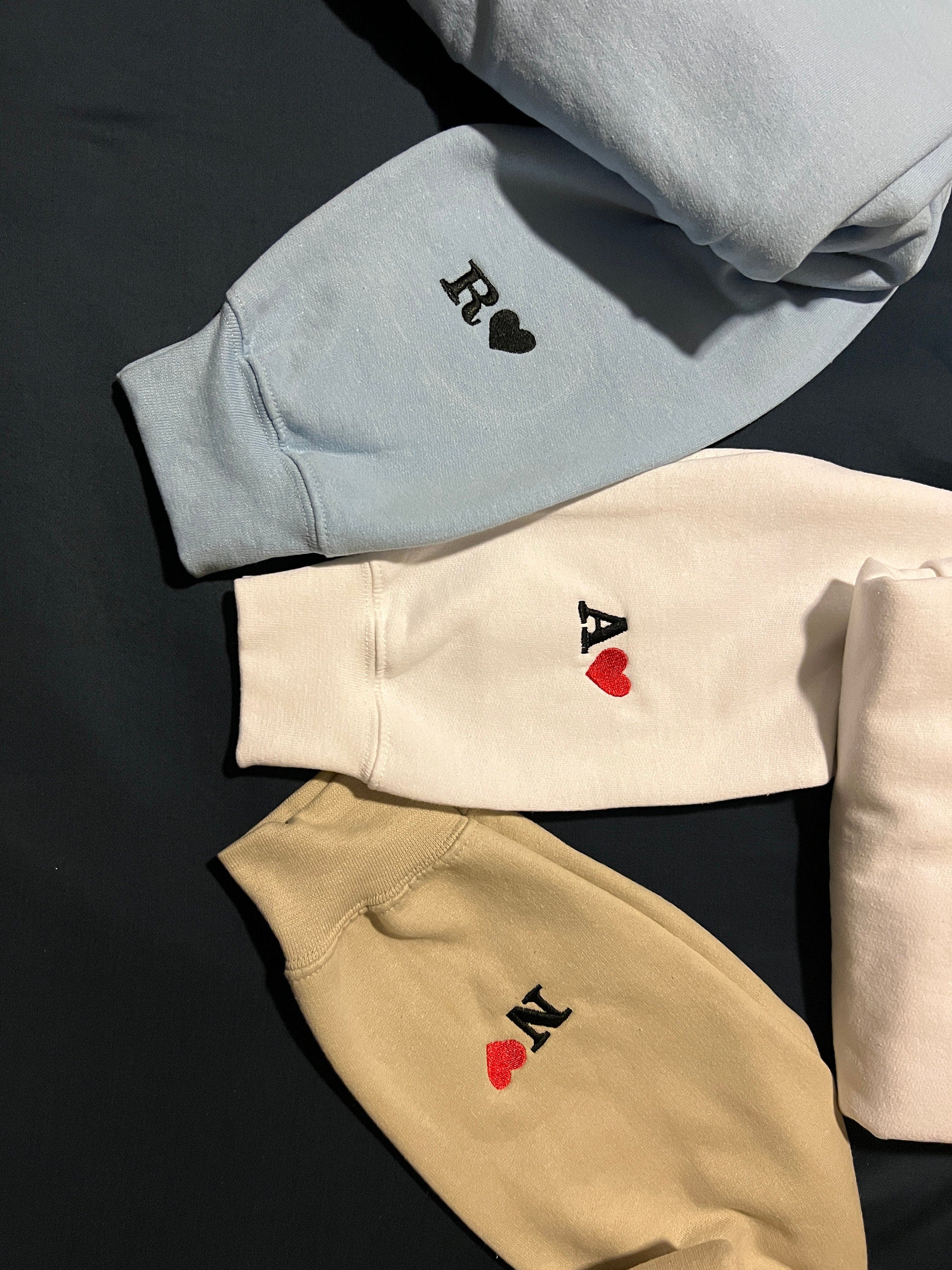 Custom Embroidered Initial Heart Sweatshirt | Personalized Couples Hoodie | Valentines Couple Initials | Matching Sleeve Initial Hoodie