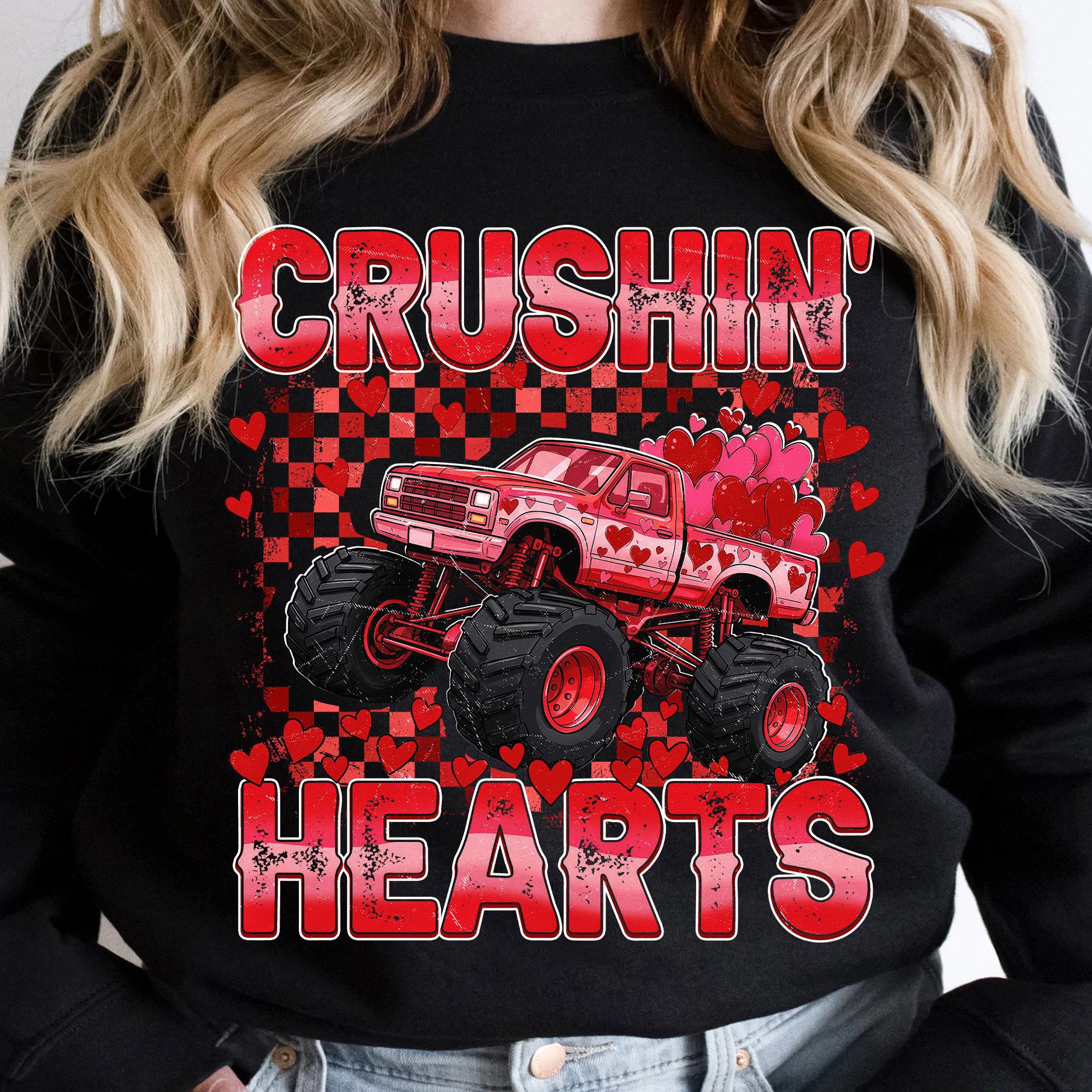 Retro Valentine Monster Truck, Checkered Crushin Hearts Toddler Shirt Design, Trendy Valentine Kids , XOXO Love VDay Png