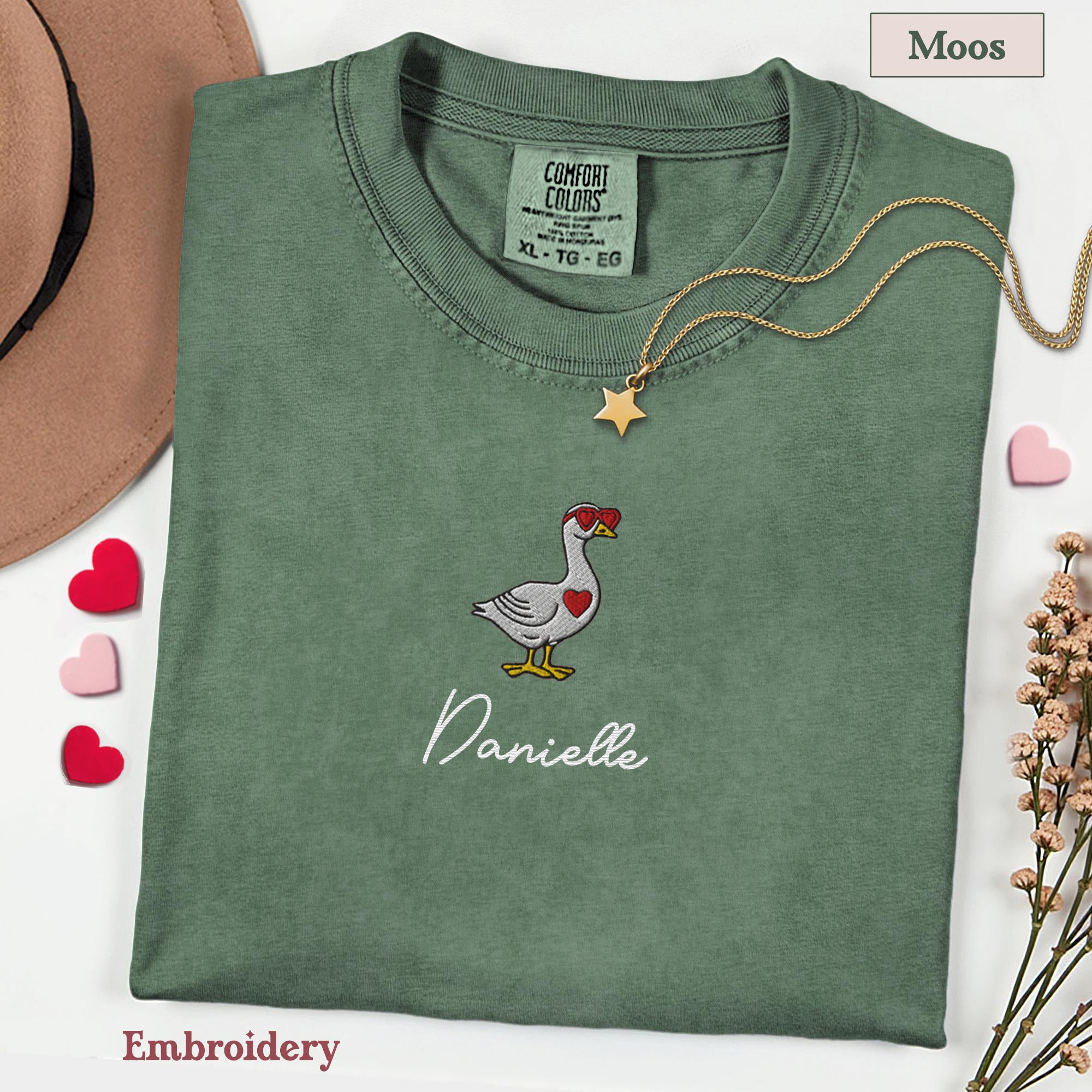 Valentine Goose Embroidery Shirt, Goose Love T-Shirt, Embroidered Comfort Colors Valentines Tee