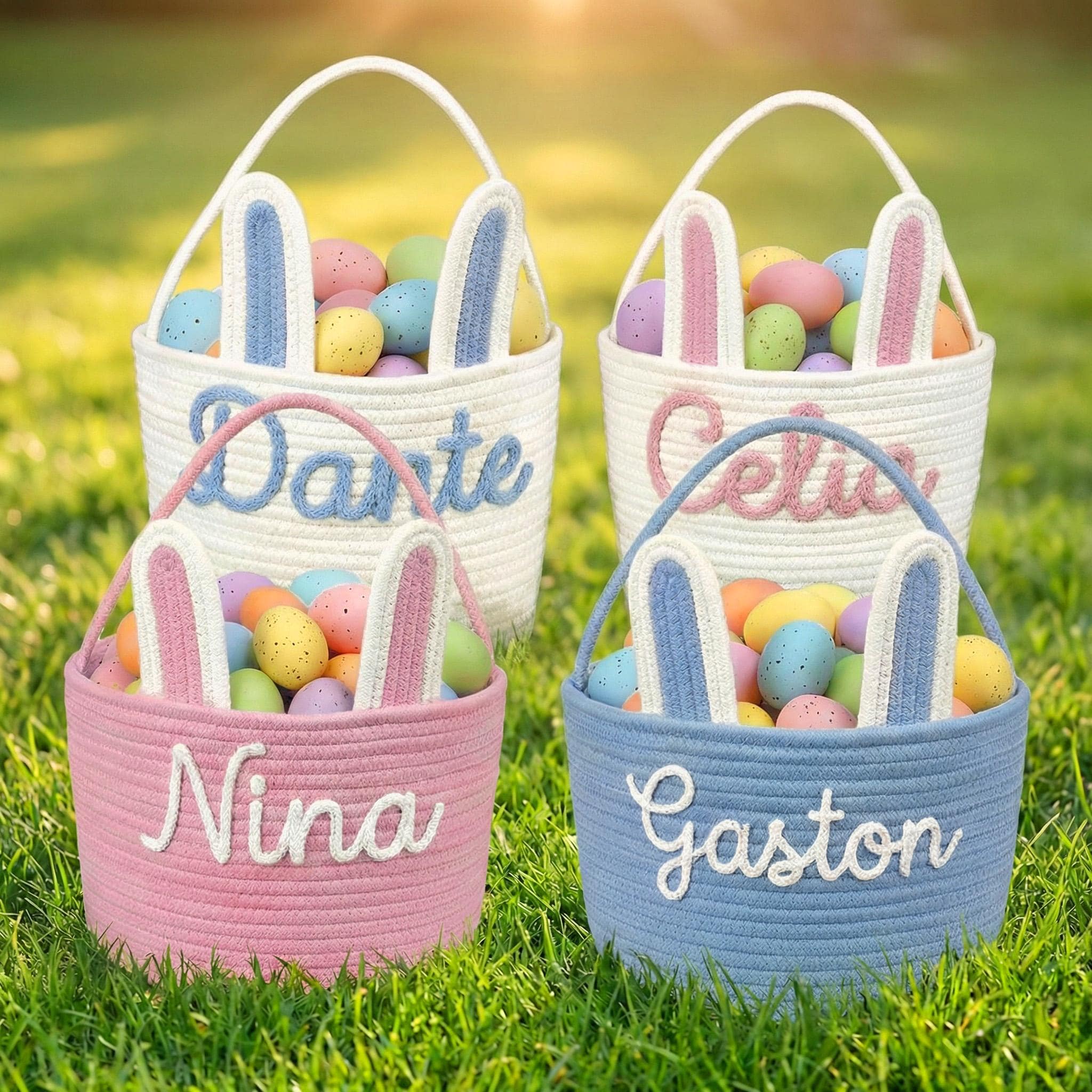 Personalized Easter Bunny Basket with Name – Cotton Rope Easter Basket for Kids, Easter Egg Hunt Gift