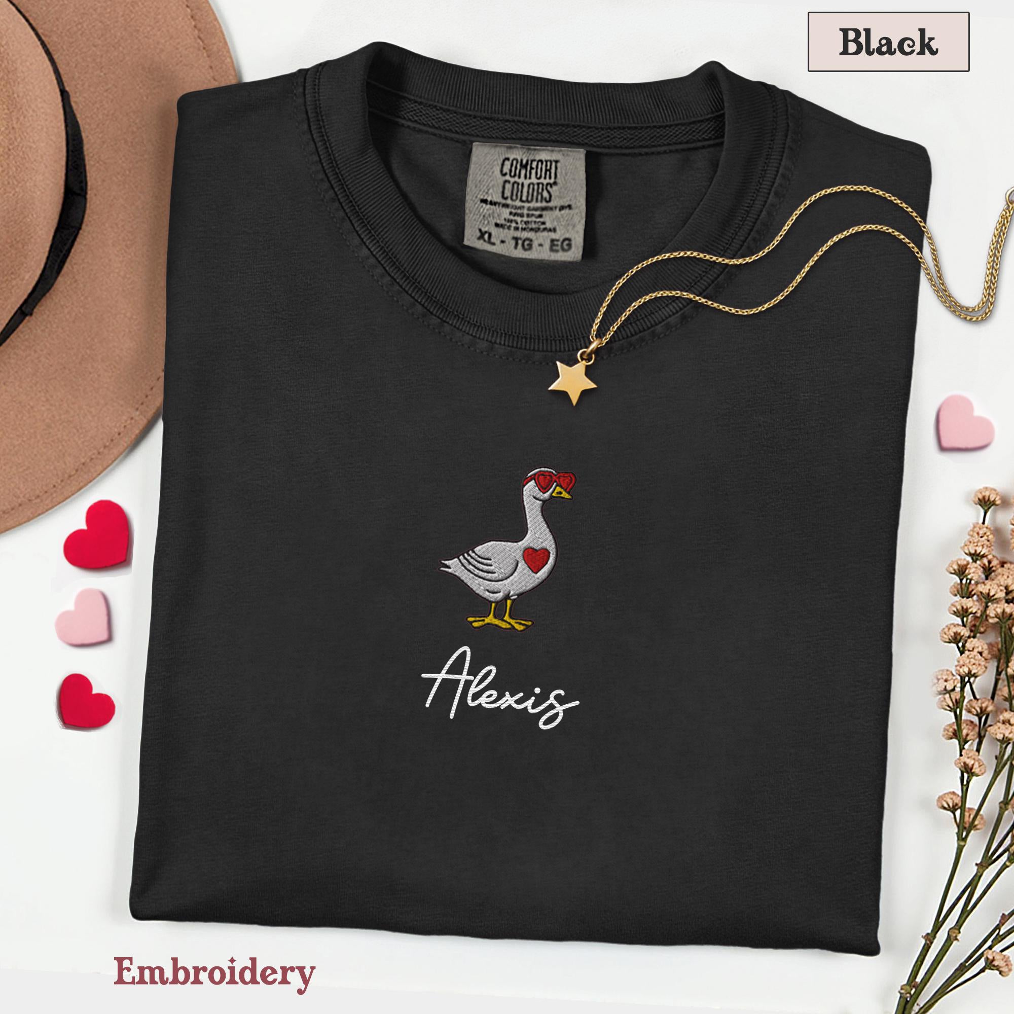 Valentine Goose Embroidery Shirt, Goose Love T-Shirt, Embroidered Comfort Colors Valentines Tee