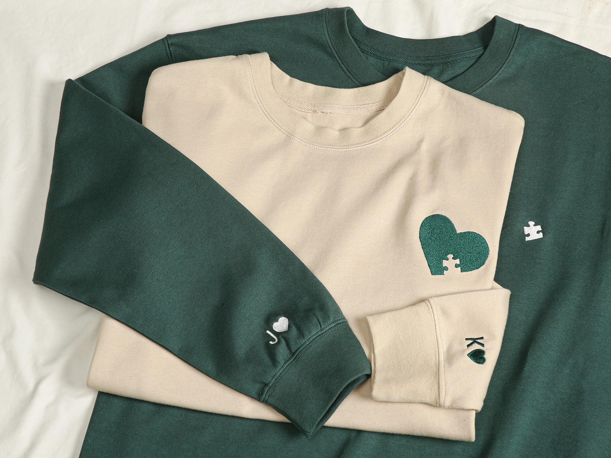 Custom Embroidered Couple Sweatshirt, Embroidered Heart and Puzzle Piece Sweatshirt, Initial With Heart On Sleeve, Anniversary Gift