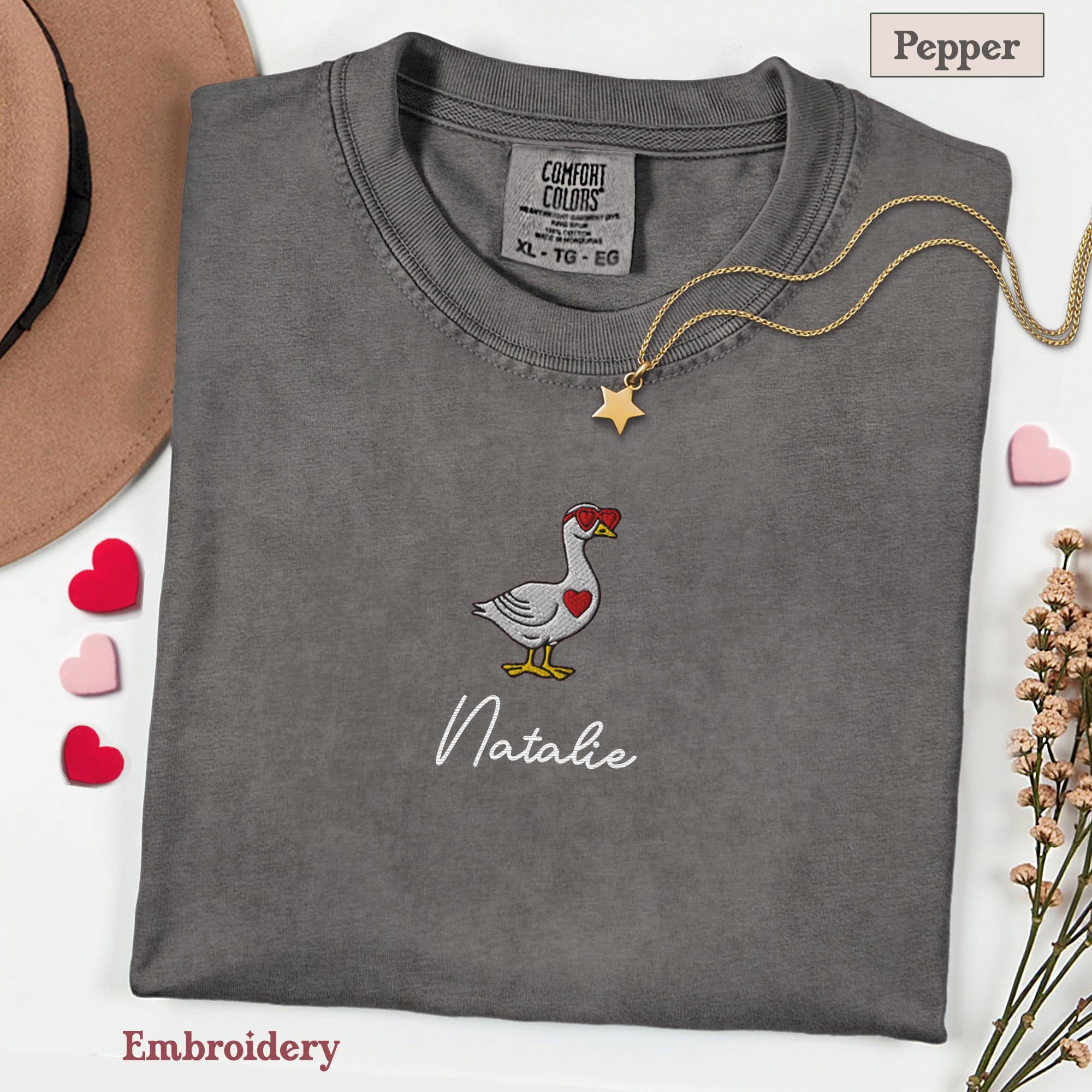 Valentine Goose Embroidery Shirt, Goose Love T-Shirt, Embroidered Comfort Colors Valentines Tee