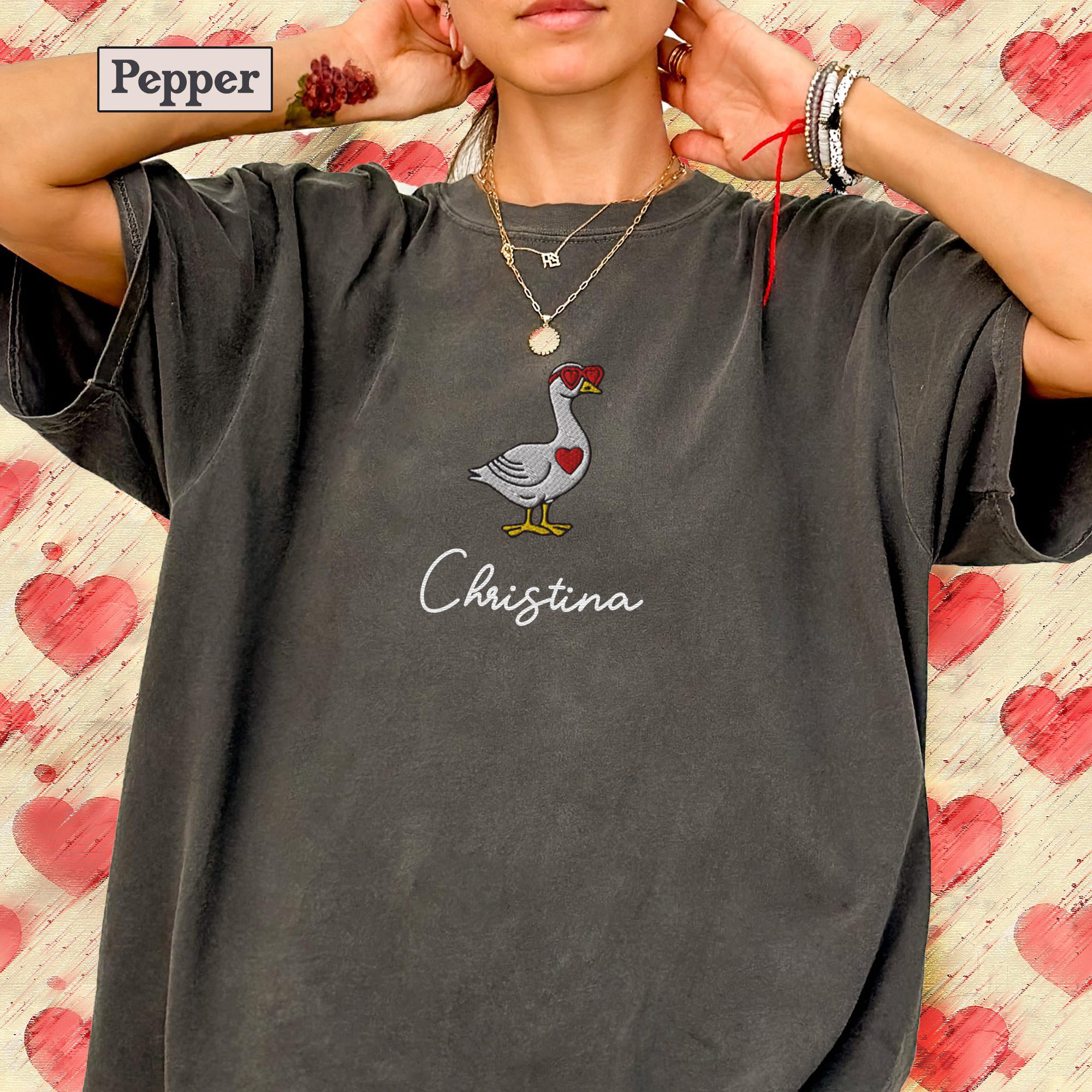 Valentine Goose Embroidery Shirt, Goose Love T-Shirt, Embroidered Comfort Colors Valentines Tee