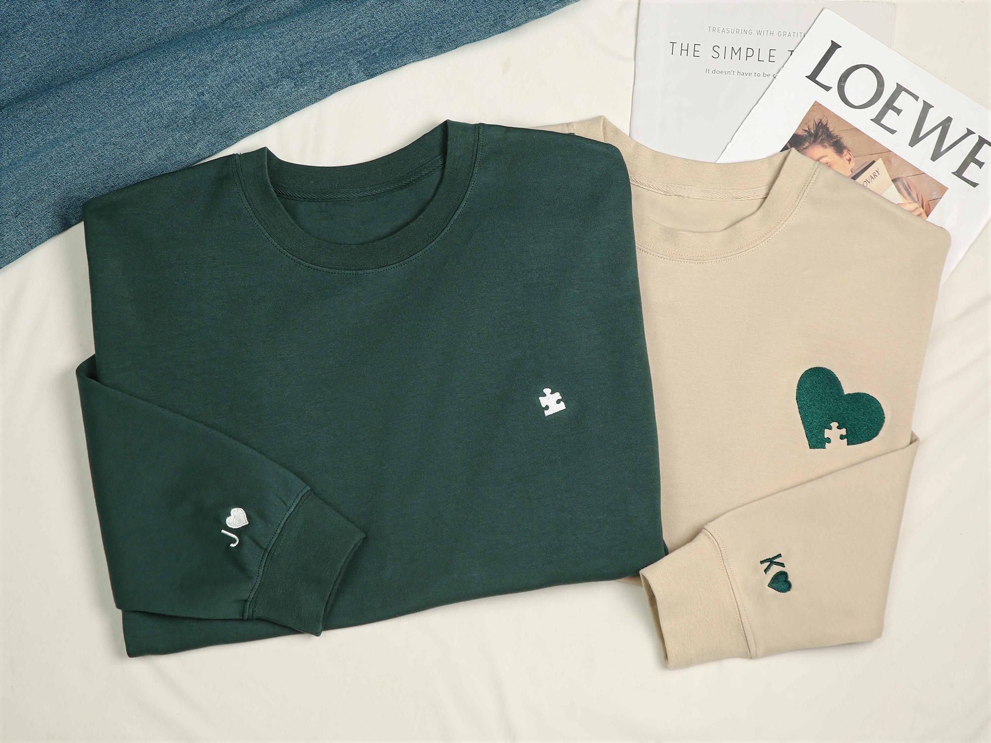 Custom Embroidered Couple Sweatshirt, Embroidered Heart and Puzzle Piece Sweatshirt, Initial With Heart On Sleeve, Anniversary Gift