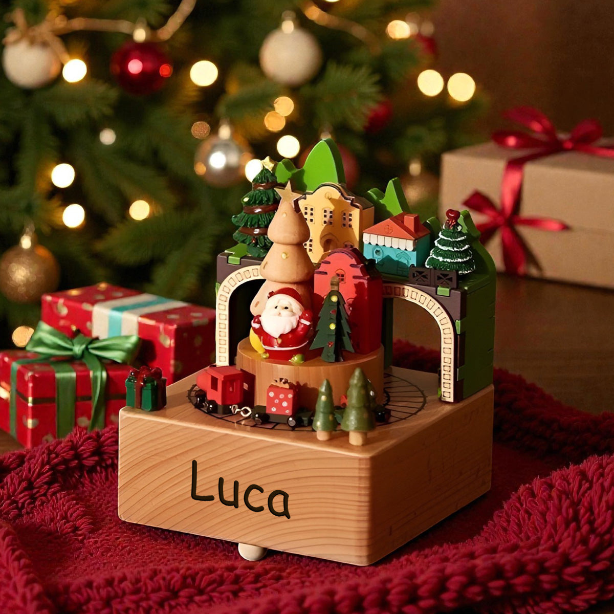 Wooden Christmas Train Castle Music Box, Personalized Engraved Keepsake Carousel Music Box