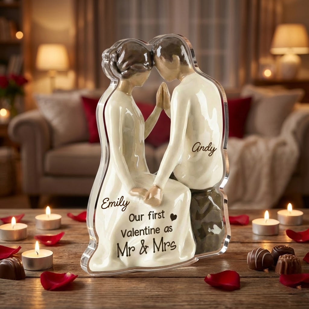 Couple Sitting Side By Side - Our 1st Valentine - Personalized Acrylic Block Plaque