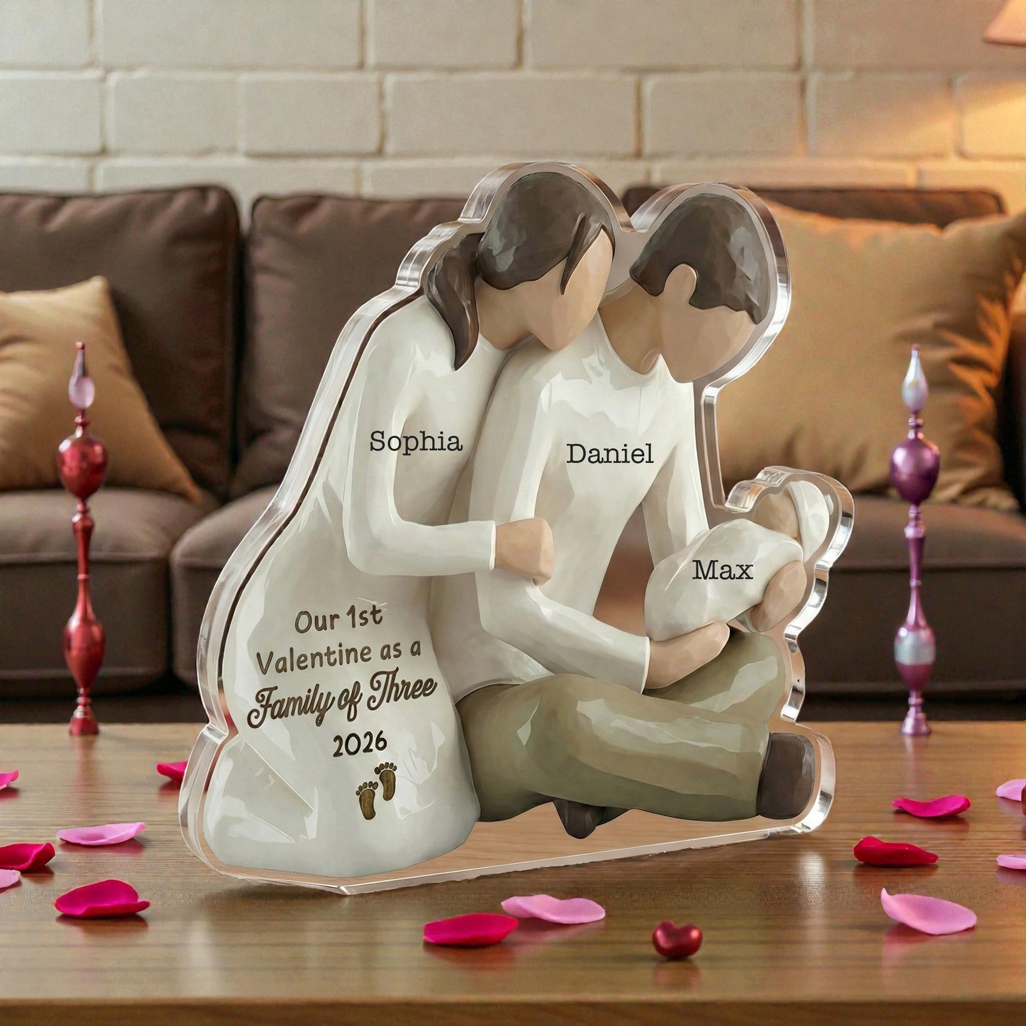Mom Dad Holding Baby 3- Our 1st valentine Family of 3 - Personalized Acrylic Block Plaque