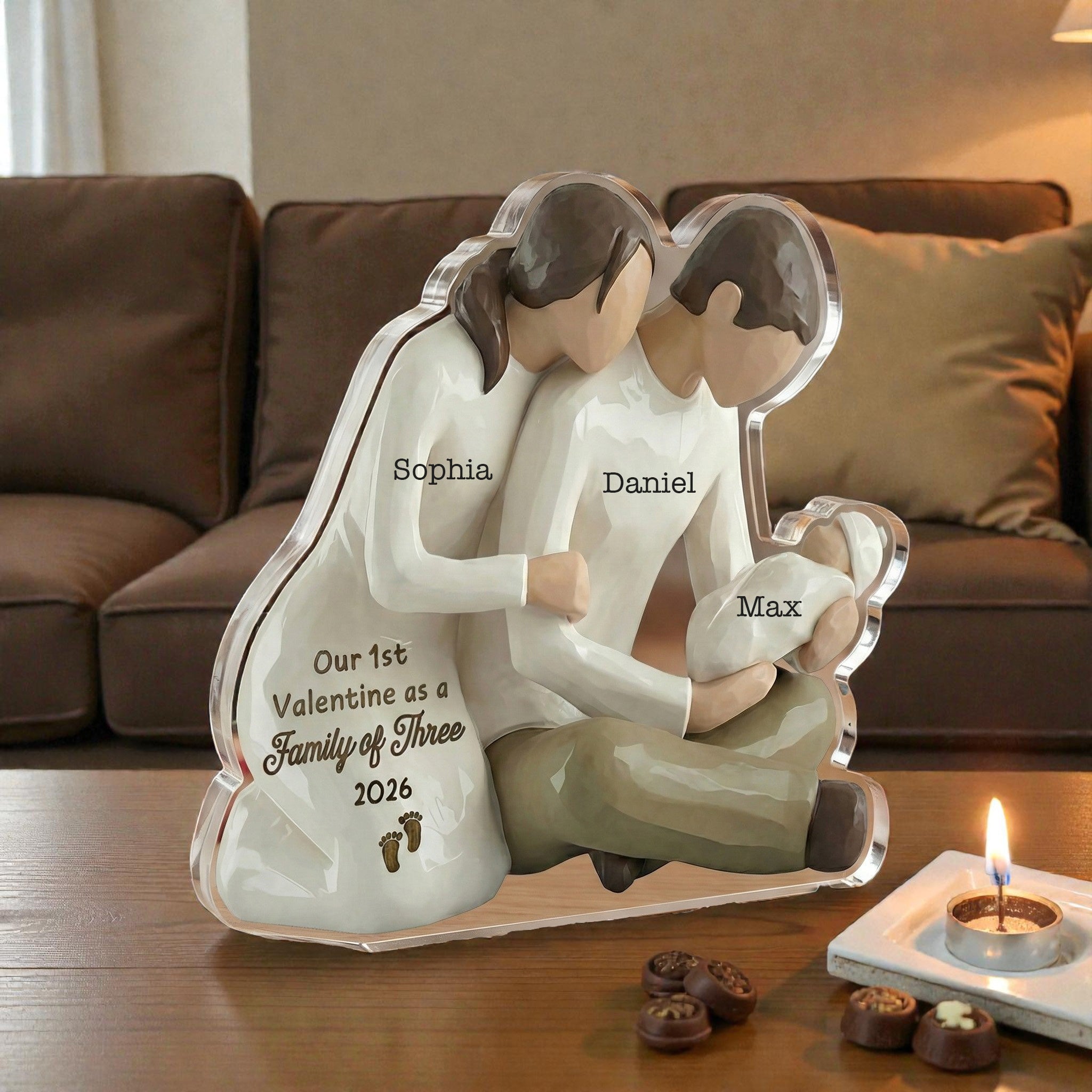 Mom Dad Holding Baby 3- Our 1st valentine Family of 3 - Personalized Acrylic Block Plaque