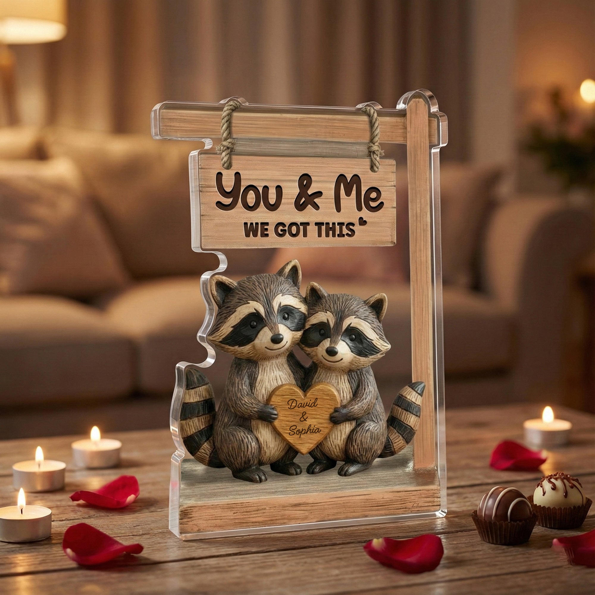 Racoon Couple - We got this - Personalized Acrylic Block Plaque