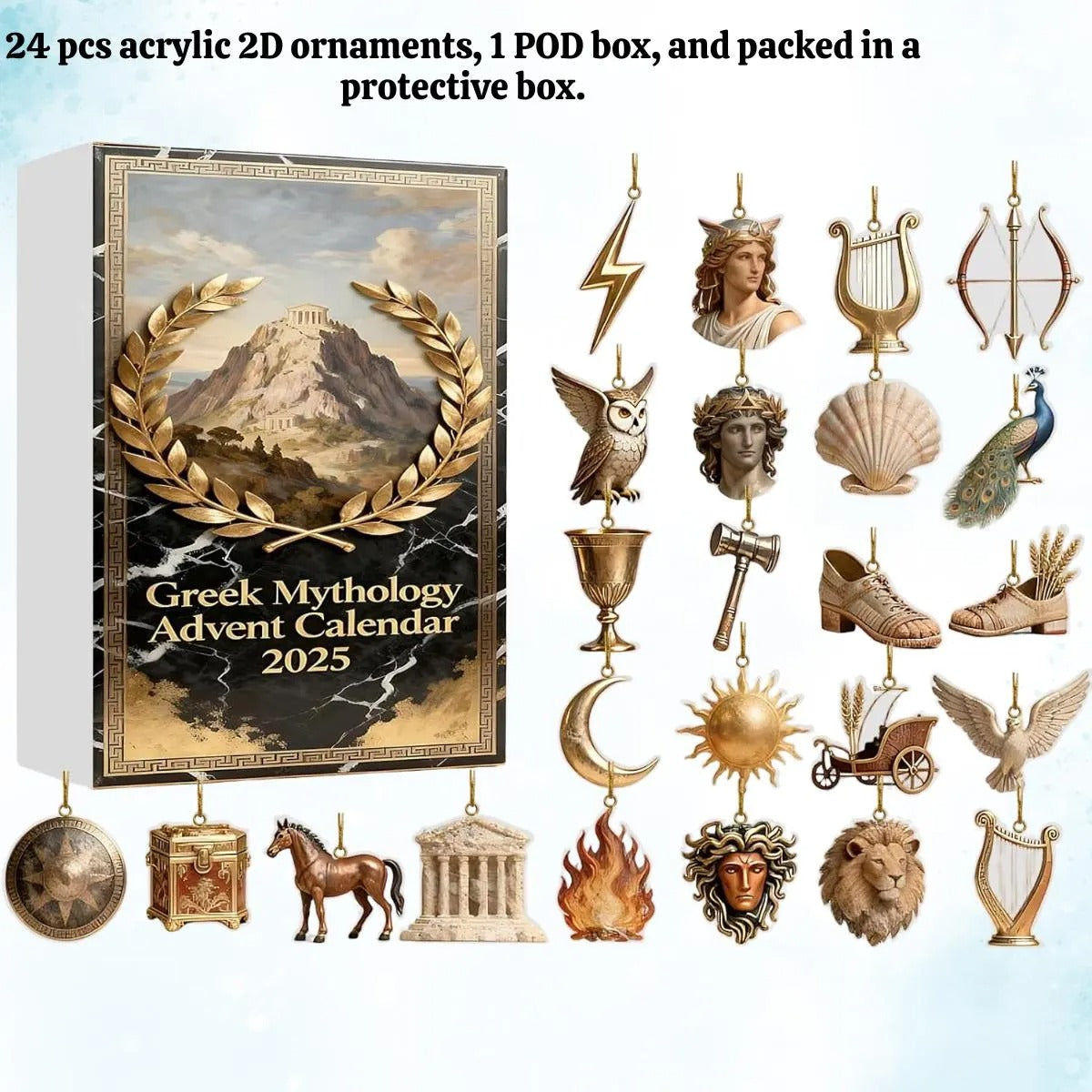 Greek Mythology Advent Calendar 2025 for Families,24Pcs 2D Acrylic Ornaments Set,Ancient Greece Gods Christmas Countdown Gift for Home Decor