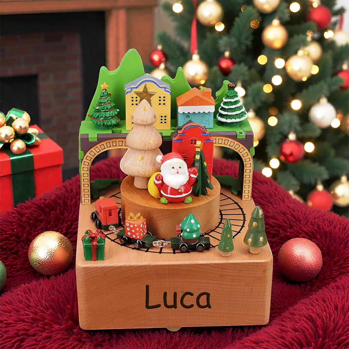 Wooden Christmas Train Castle Music Box, Personalized Engraved Keepsake Carousel Music Box