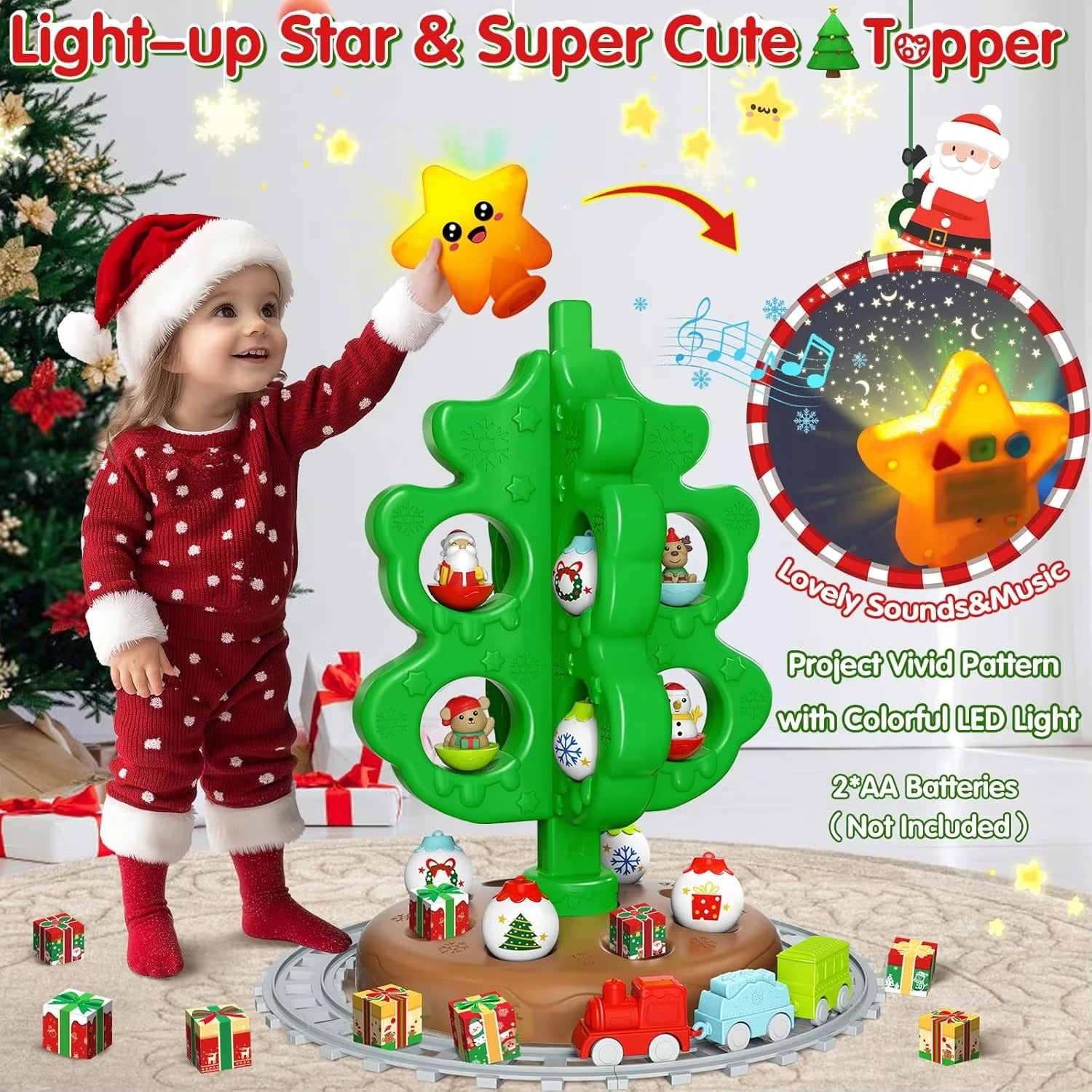 Kids Christmas Tree Toy Train Set 3D Printed Christmas Tree Ornaments Holiday Party Decorations Gifts for Toddler Boys Girls