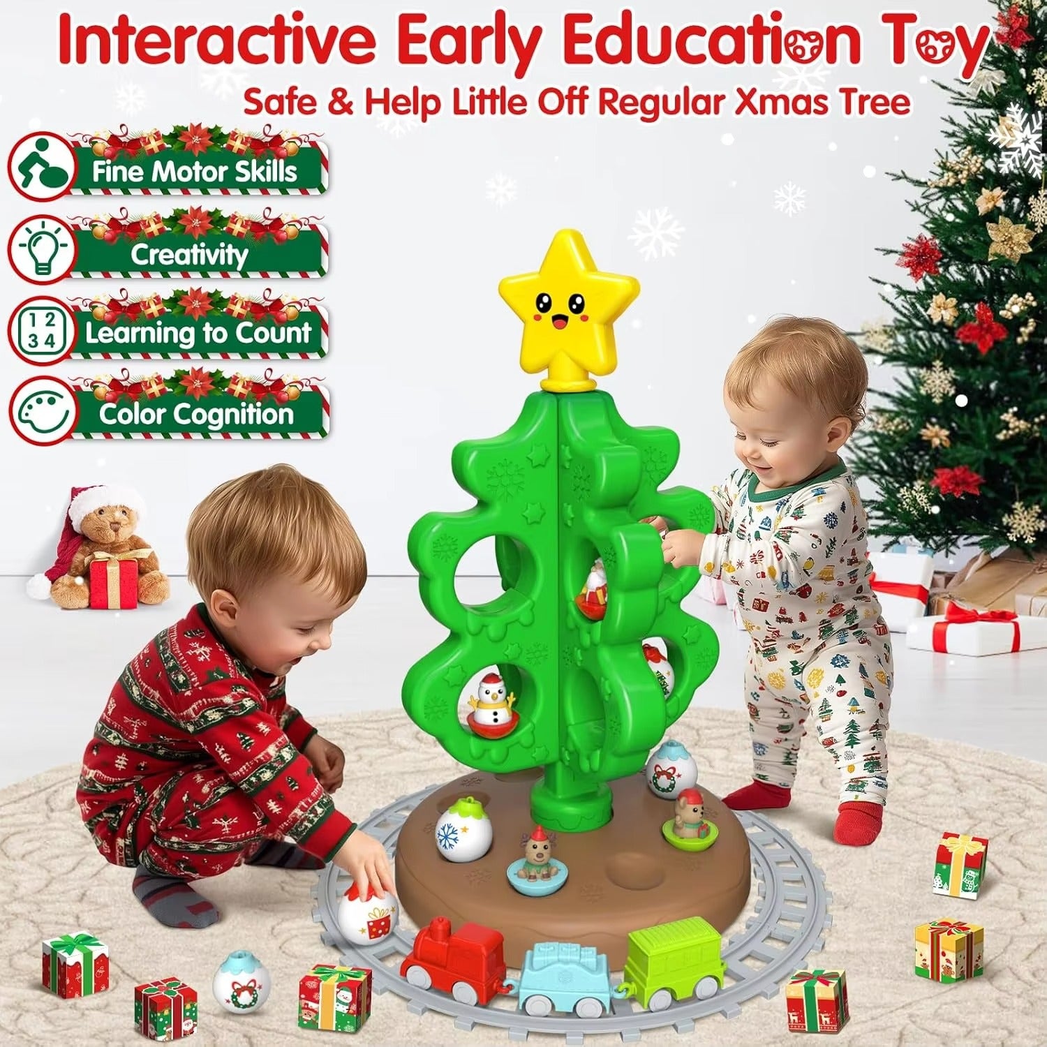 Kids Christmas Tree Toy Train Set 3D Printed Christmas Tree Ornaments Holiday Party Decorations Gifts for Toddler Boys Girls